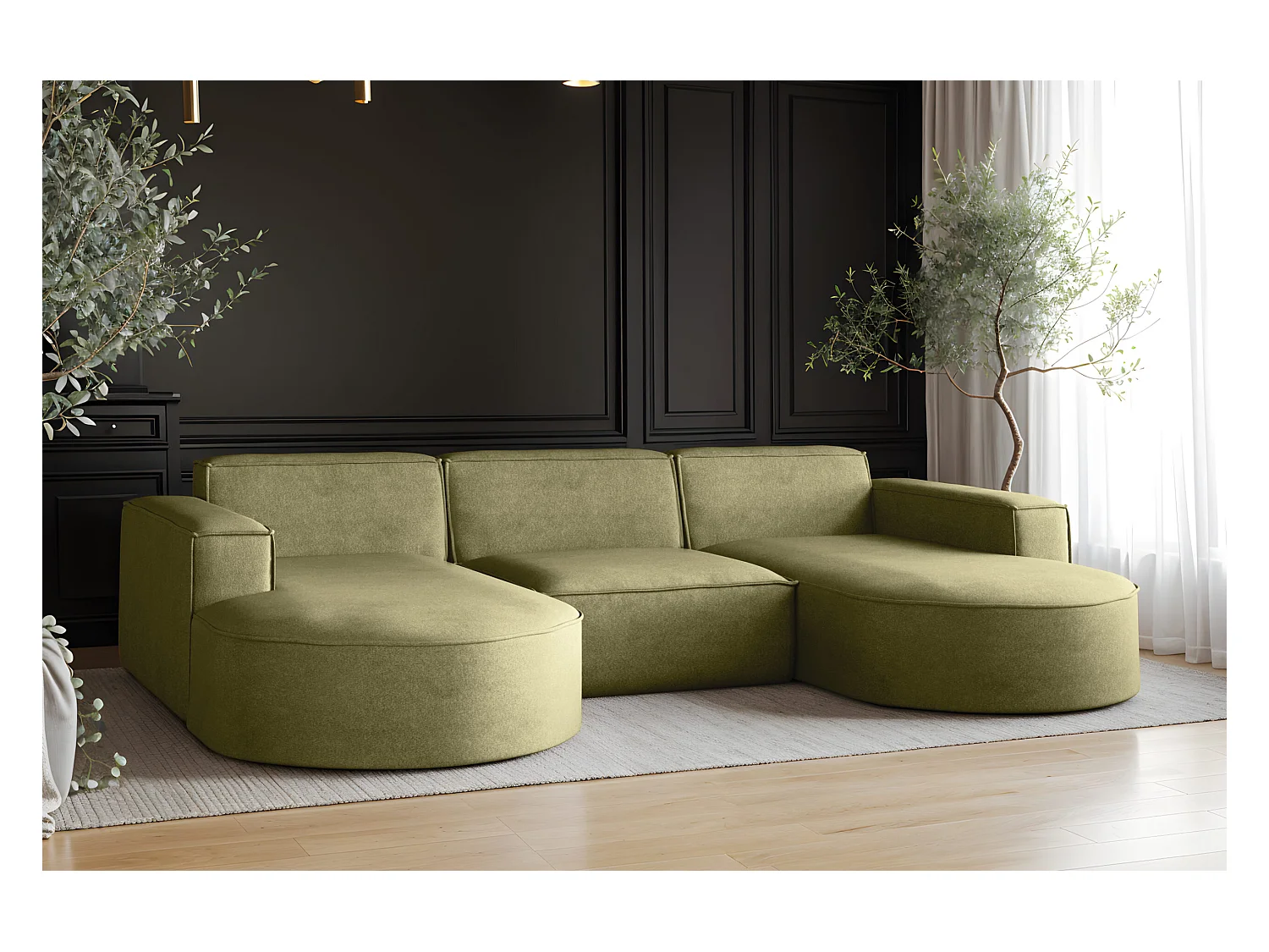 Ecksofa Modena U-Form, Sofa Elegant und Moderne Stoff Salvador Olive