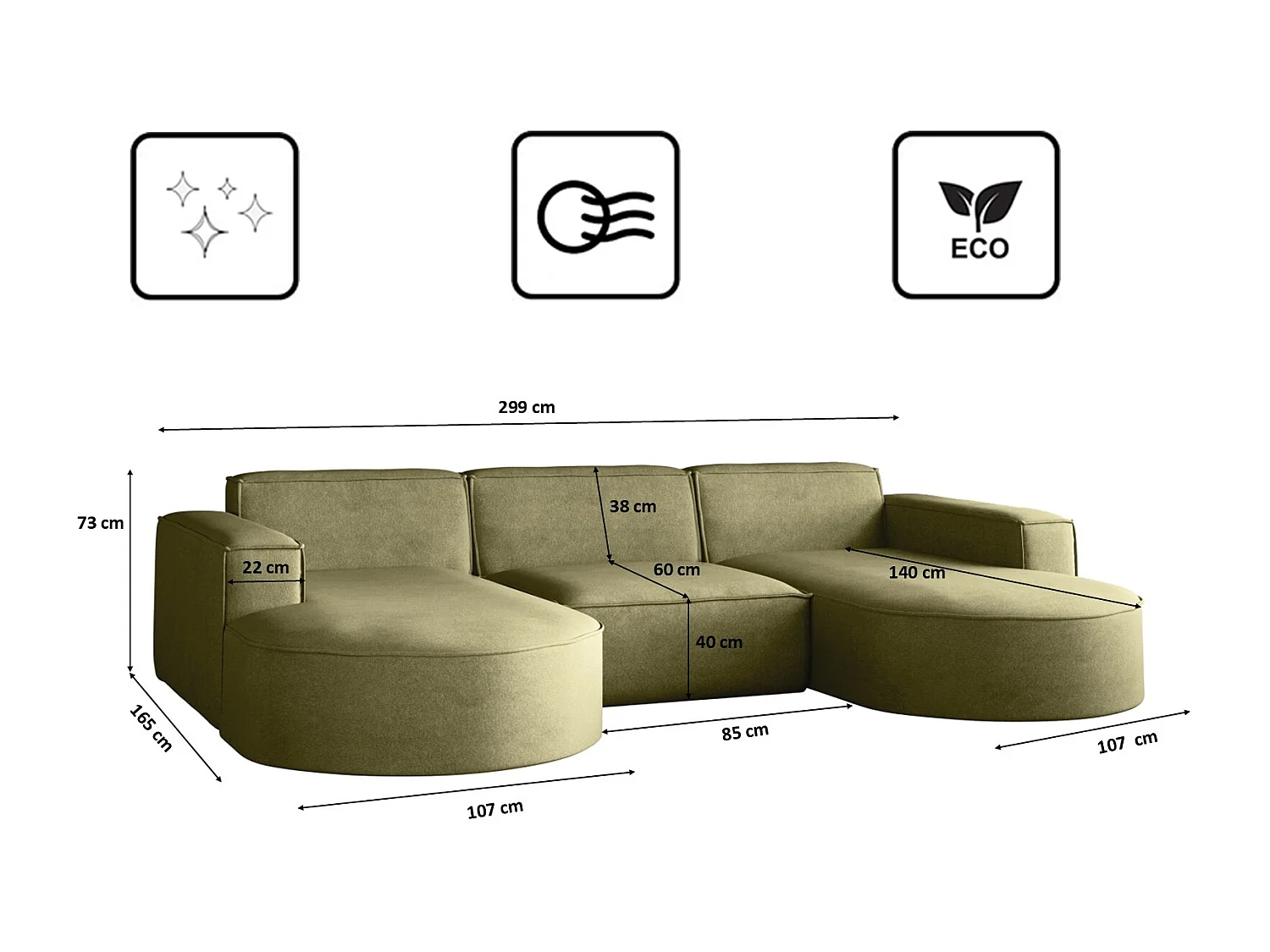 Canapé d'angle Modena en U, canapé élégant et moderne en tissu Salvador Olive