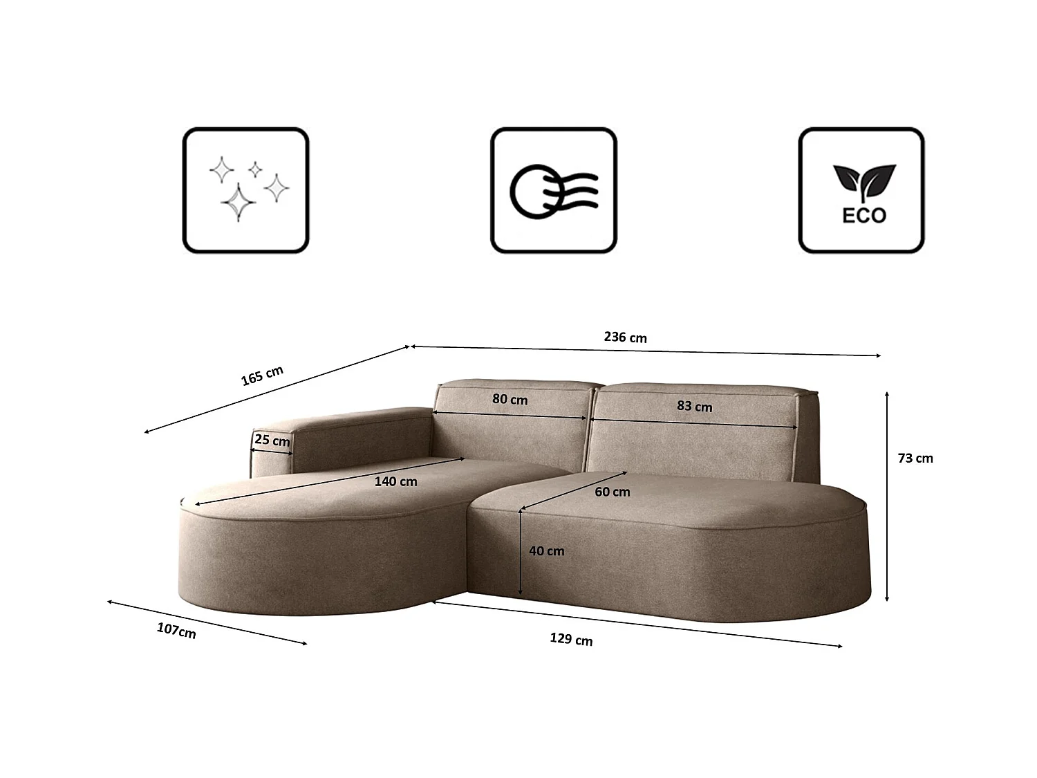 Canapé en L Modena, canapé d'angle moderne et confortable tissu Salvador gauche beige foncé