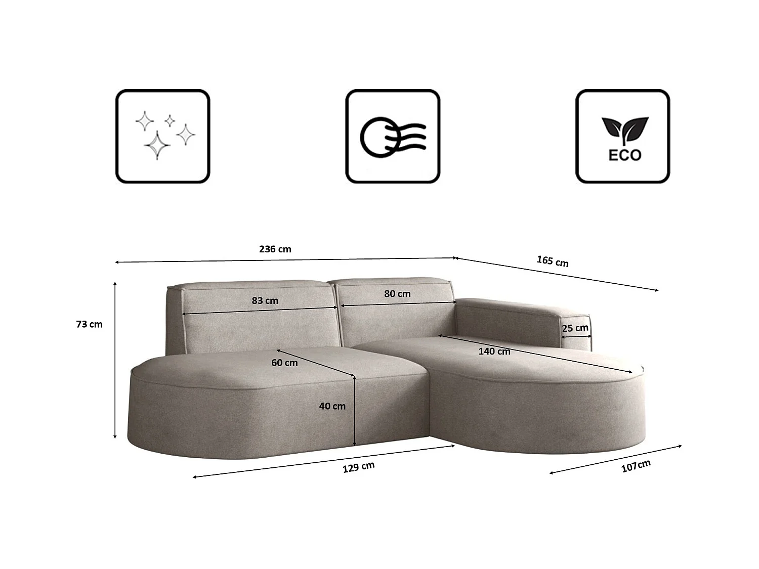 Canapé en L Modena, canapé d'angle moderne et confortable en tissu Salvador droit beige