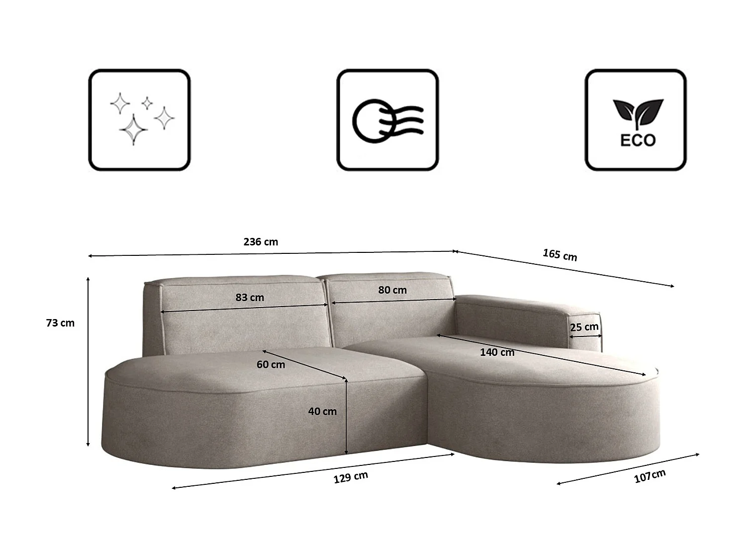 Canapé en L Modena, canapé d'angle moderne et confortable en tissu Salvador droit beige