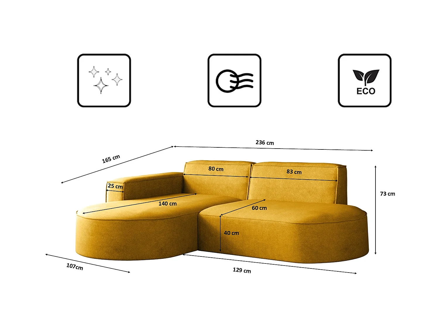 Canapé L Modena, canapé d'angle moderne et confortable en tissu Salvador Gauche Jaune