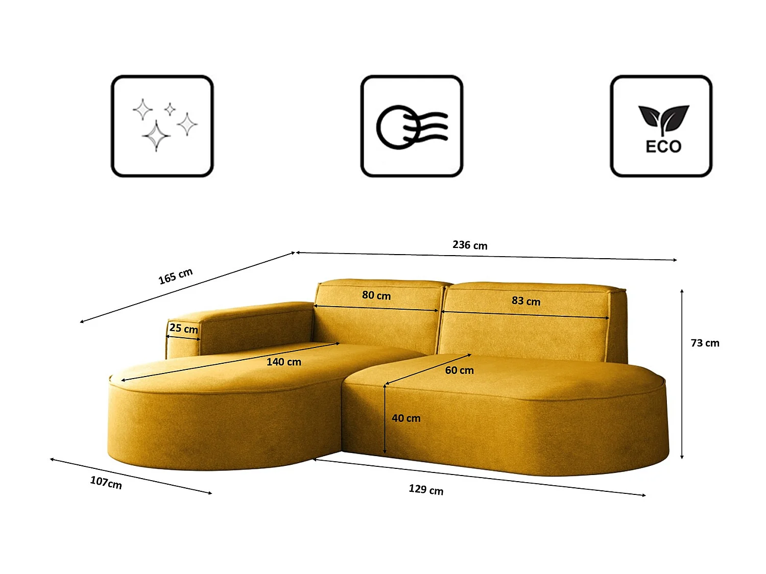 Canapé L Modena, canapé d'angle moderne et confortable en tissu Salvador Gauche Jaune