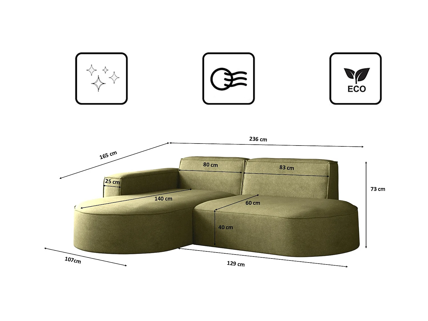 Canapé L-Form Modena, Canapé d'angle Moderne et Confortable Tissu Salvador Gauche Olive
