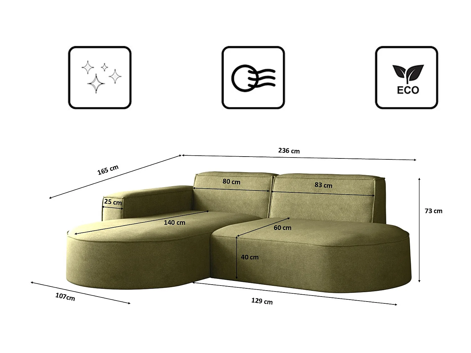 Canapé L-Form Modena, Canapé d'angle Moderne et Confortable Tissu Salvador Gauche Olive
