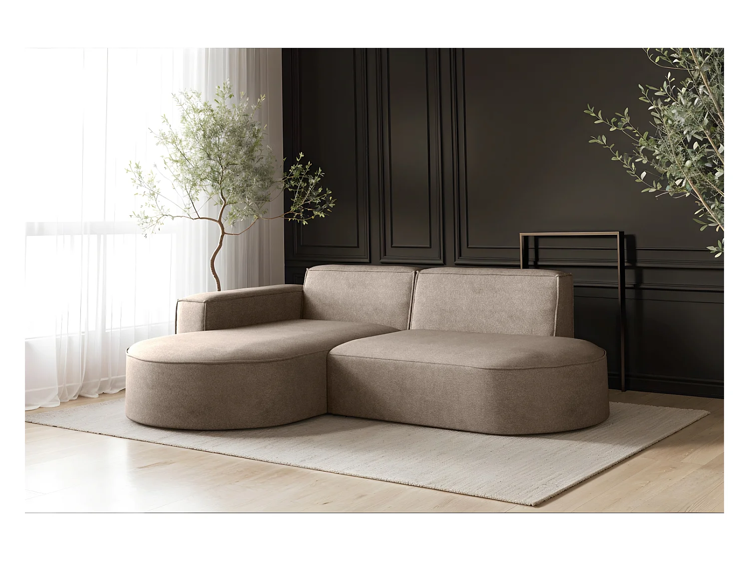 Canapé en L Modena, canapé d'angle moderne et confortable en tissu Salvador droit beige foncé