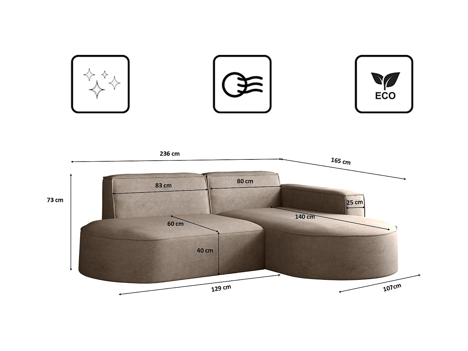 Canapé en L Modena, canapé d'angle moderne et confortable en tissu Salvador droit beige foncé