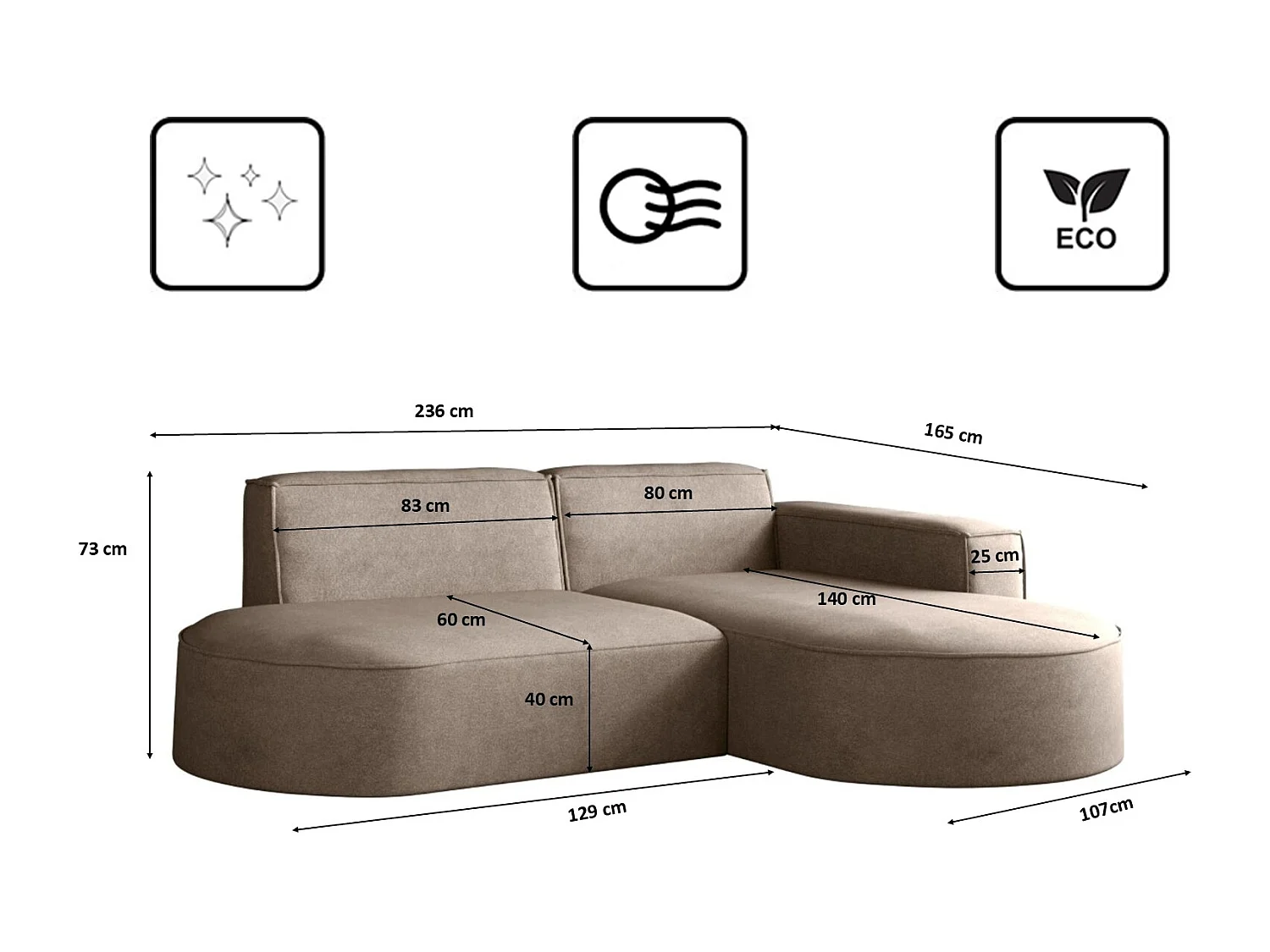 Canapé en L Modena, canapé d'angle moderne et confortable en tissu Salvador droit beige foncé