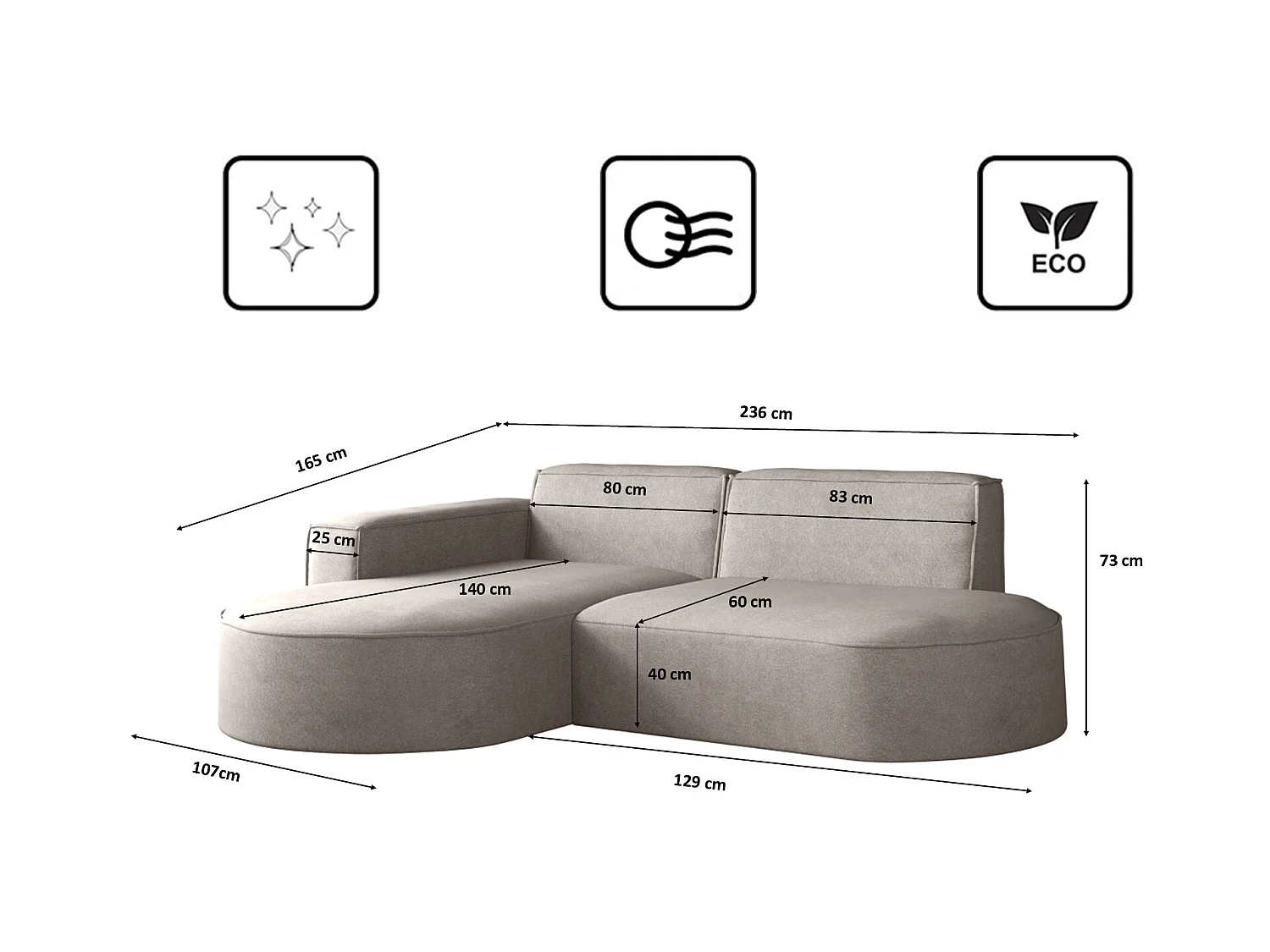 Canapé en L Modena, canapé d'angle moderne et confortable en tissu Salvador Gauche Beige