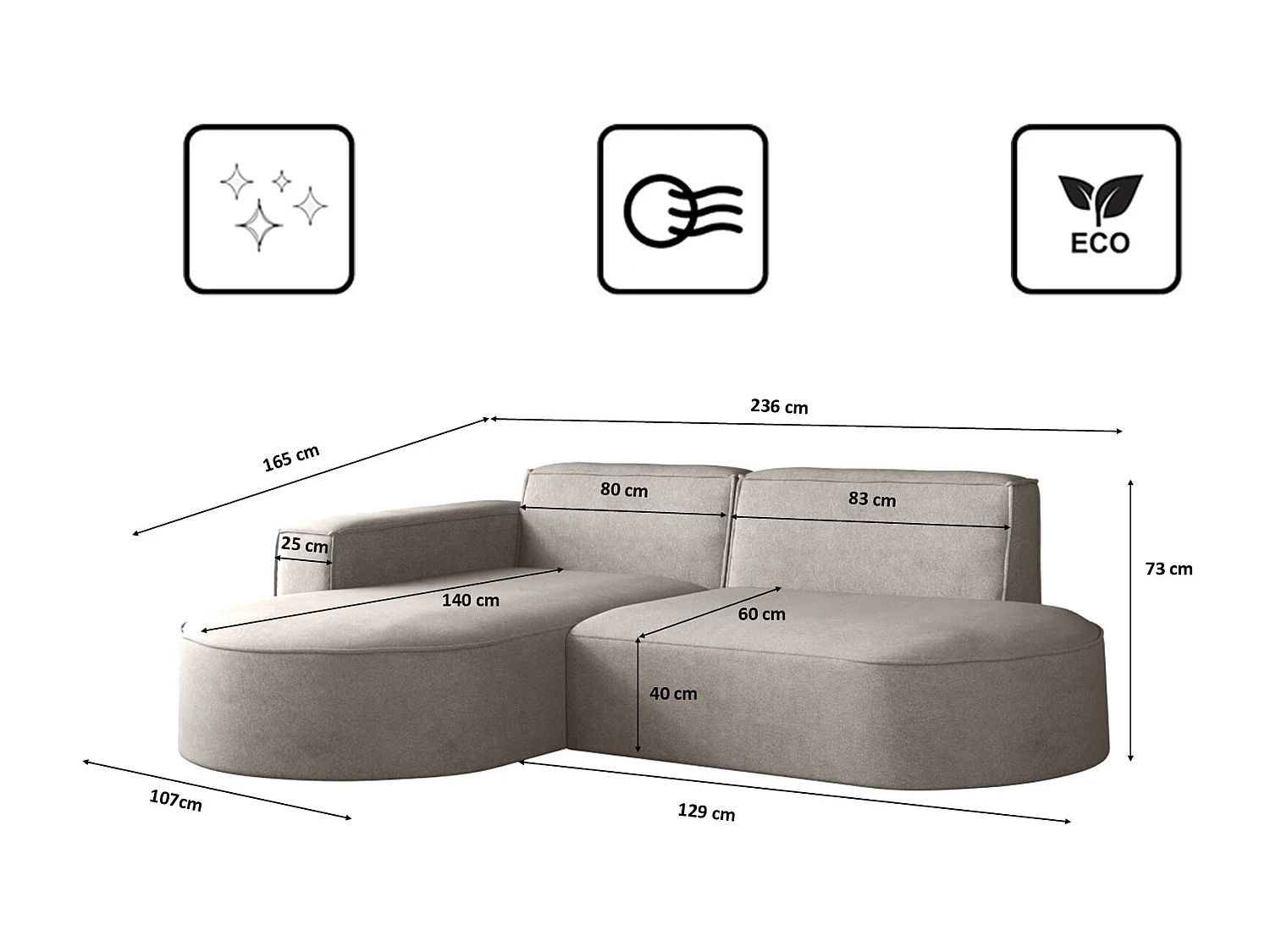 Canapé en L Modena, canapé d'angle moderne et confortable en tissu Salvador Gauche Beige