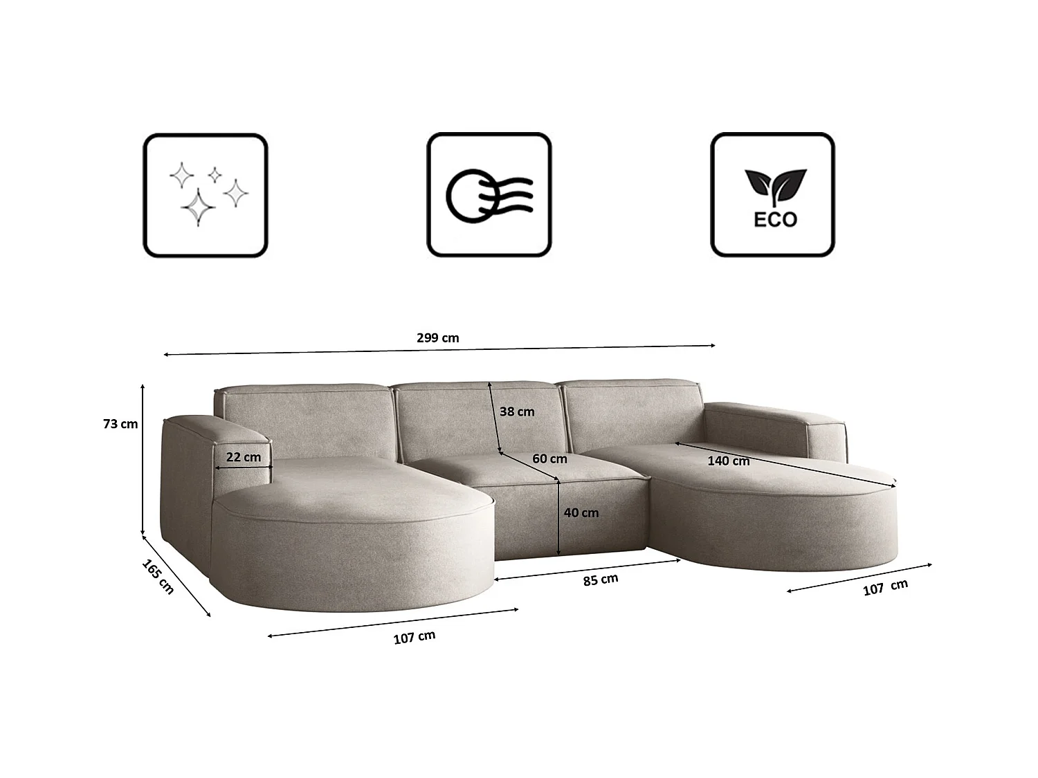 Canapé d'angle Modena en U, canapé élégant et moderne en tissu Salvador Beige