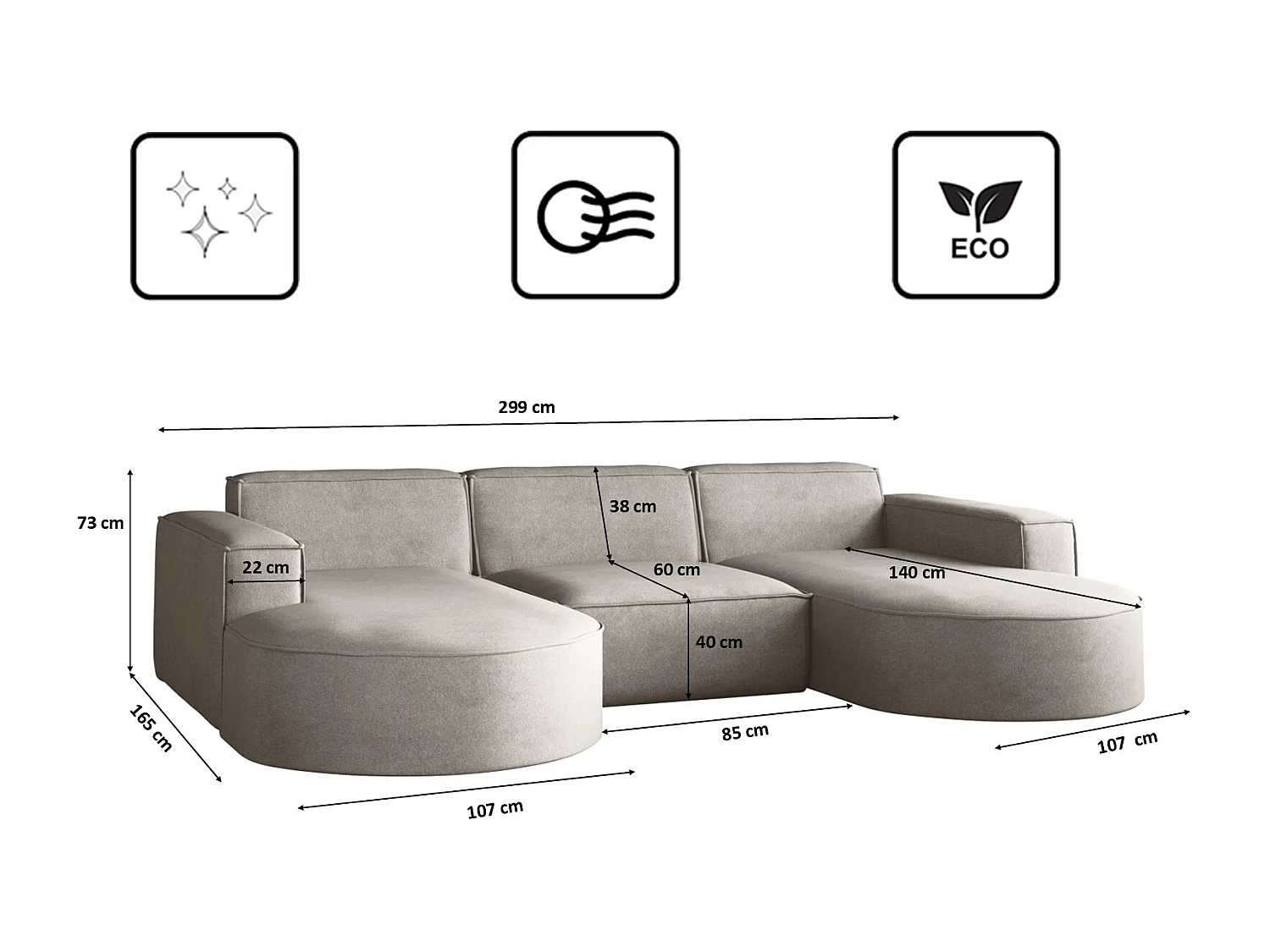 Canapé d'angle Modena en U, canapé élégant et moderne en tissu Salvador Beige