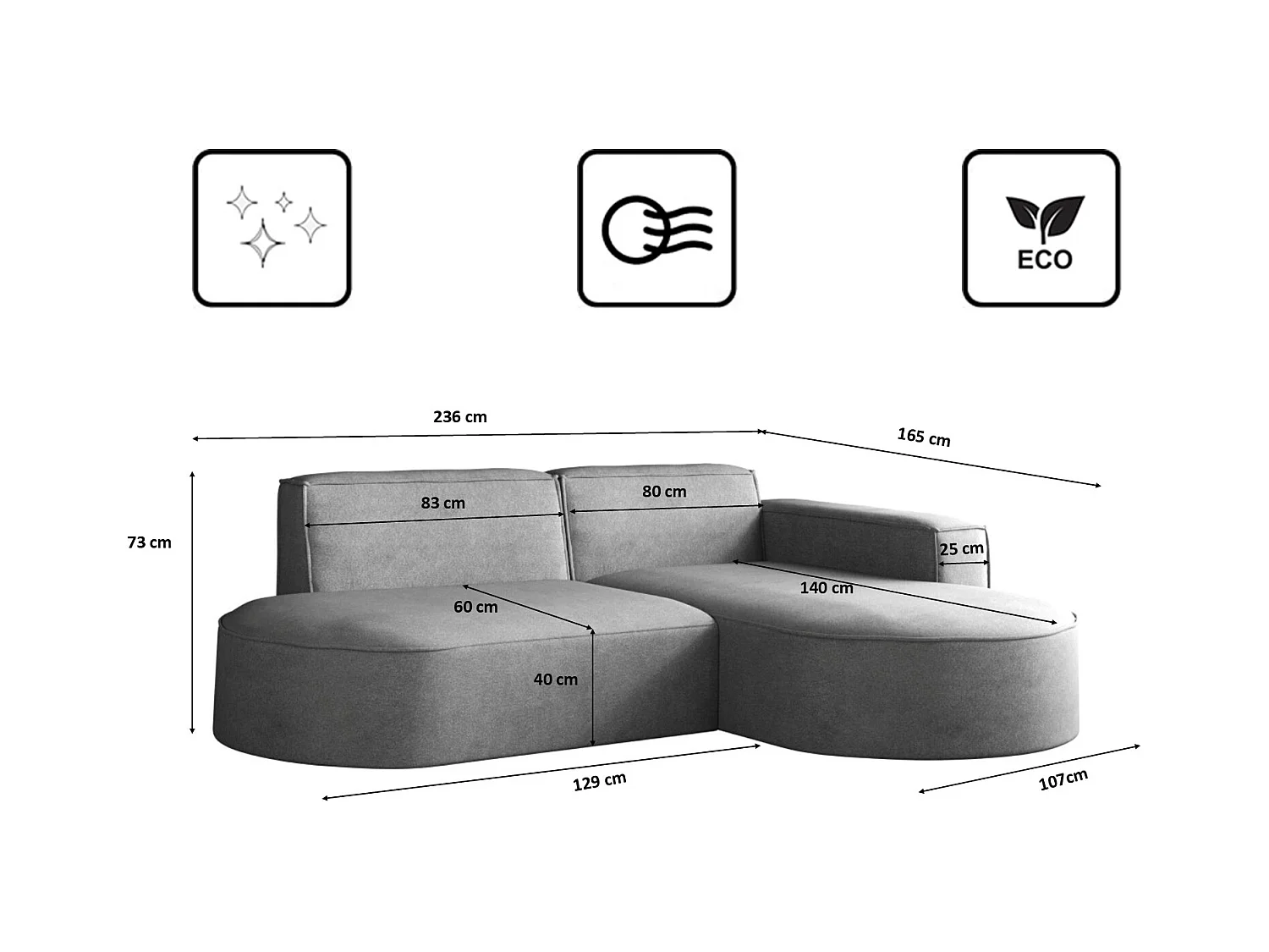Canapé en L Modena, canapé d'angle moderne et confortable en tissu Salvador droit gris