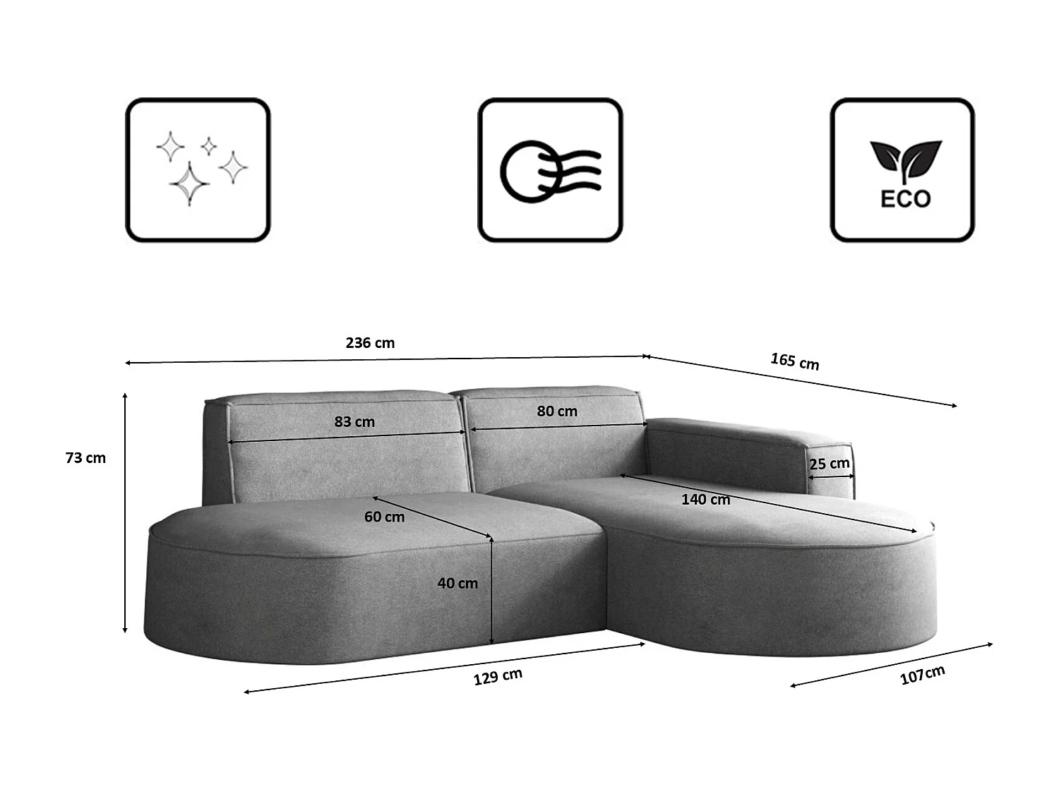 Canapé en L Modena, canapé d'angle moderne et confortable en tissu Salvador droit gris