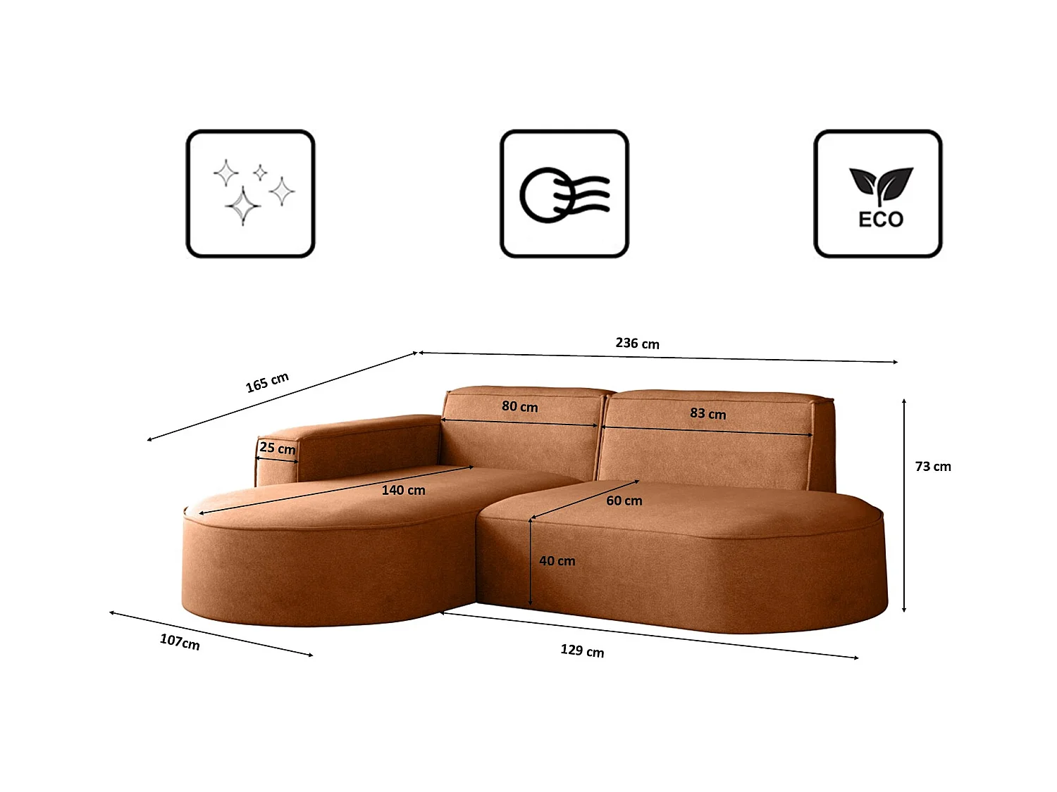 Canapé en L Modena, canapé d'angle moderne et confortable en tissu Salvador gauche marron