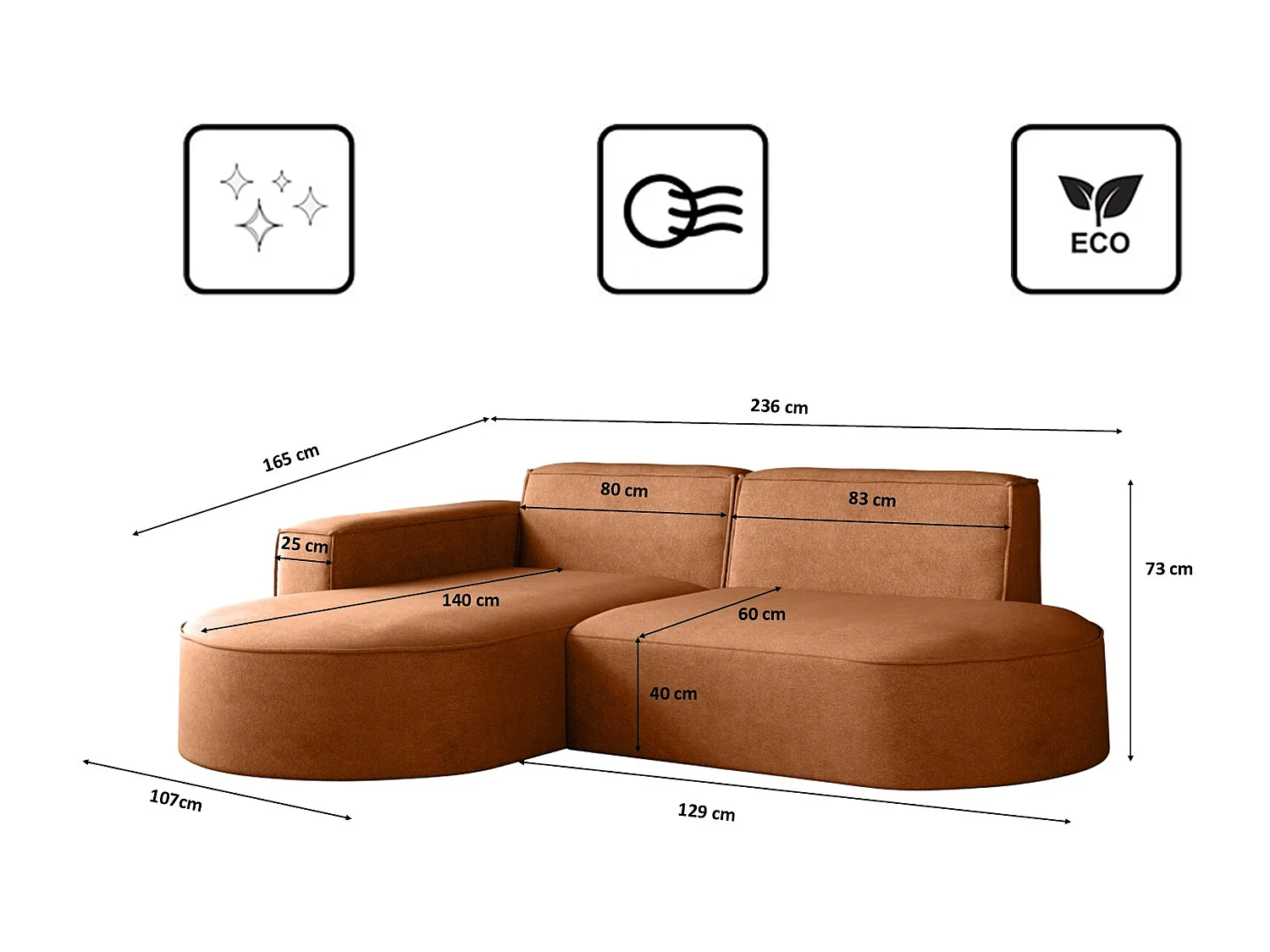 Canapé en L Modena, canapé d'angle moderne et confortable en tissu Salvador gauche marron