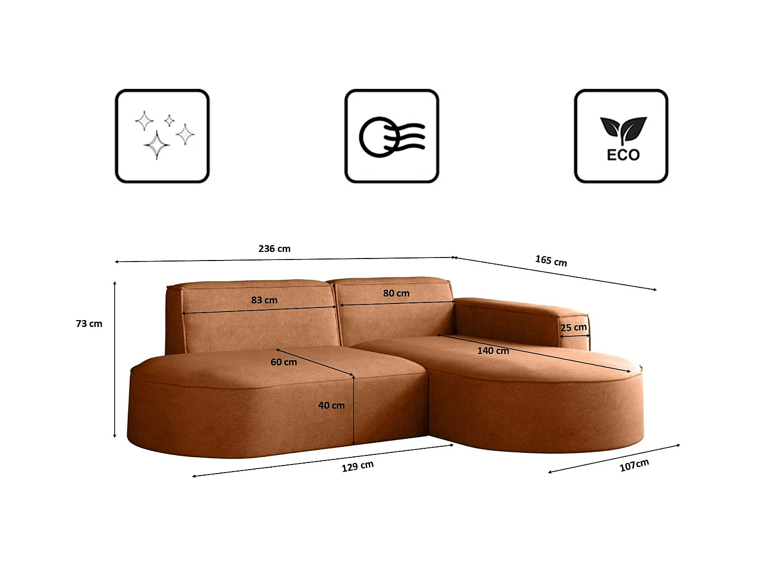 Canapé en L Modena, canapé d'angle moderne et confortable en tissu Salvador droit marron