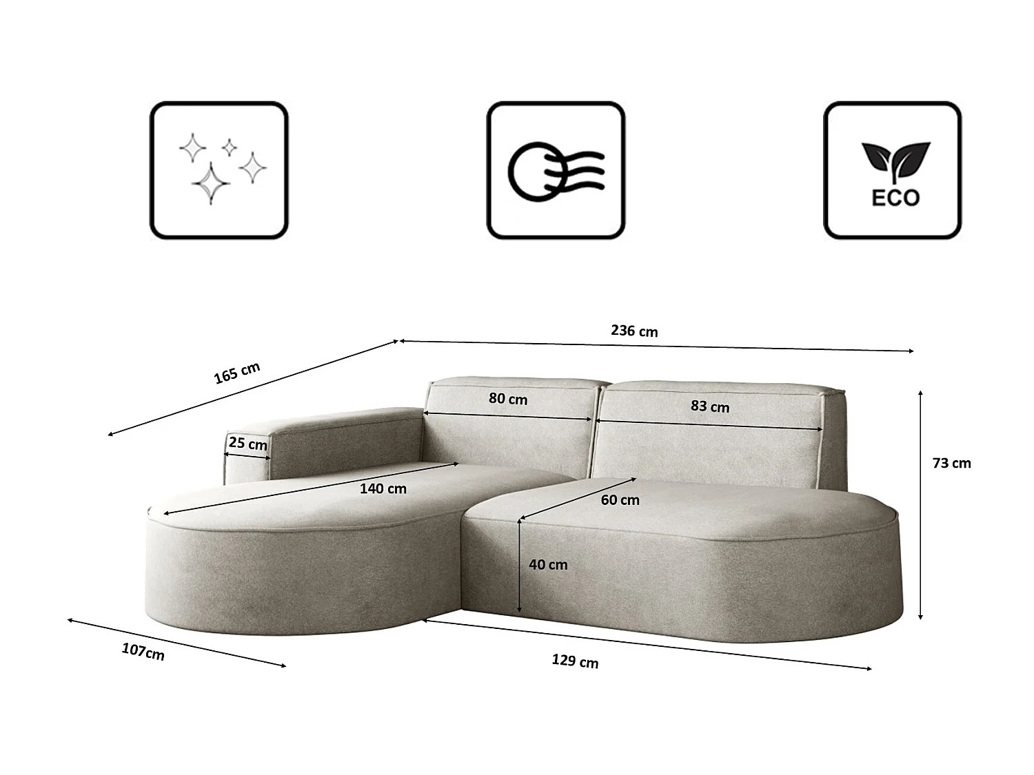 Canapé en L Modena, canapé d'angle moderne et confortable tissu Salvador gauche gris clair