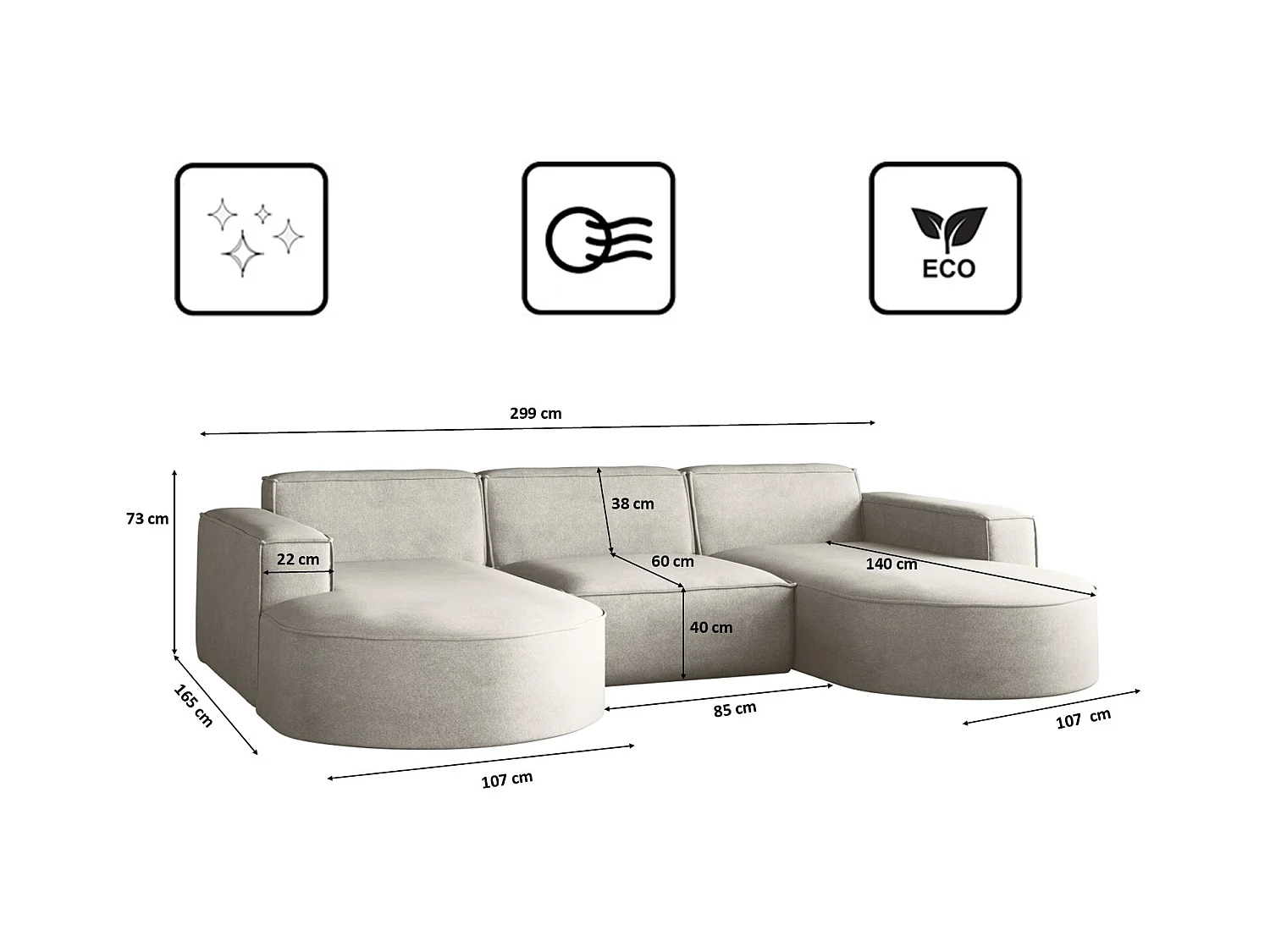 Canapé d'angle Modena en U, canapé élégant et moderne en tissu Salvador gris clair