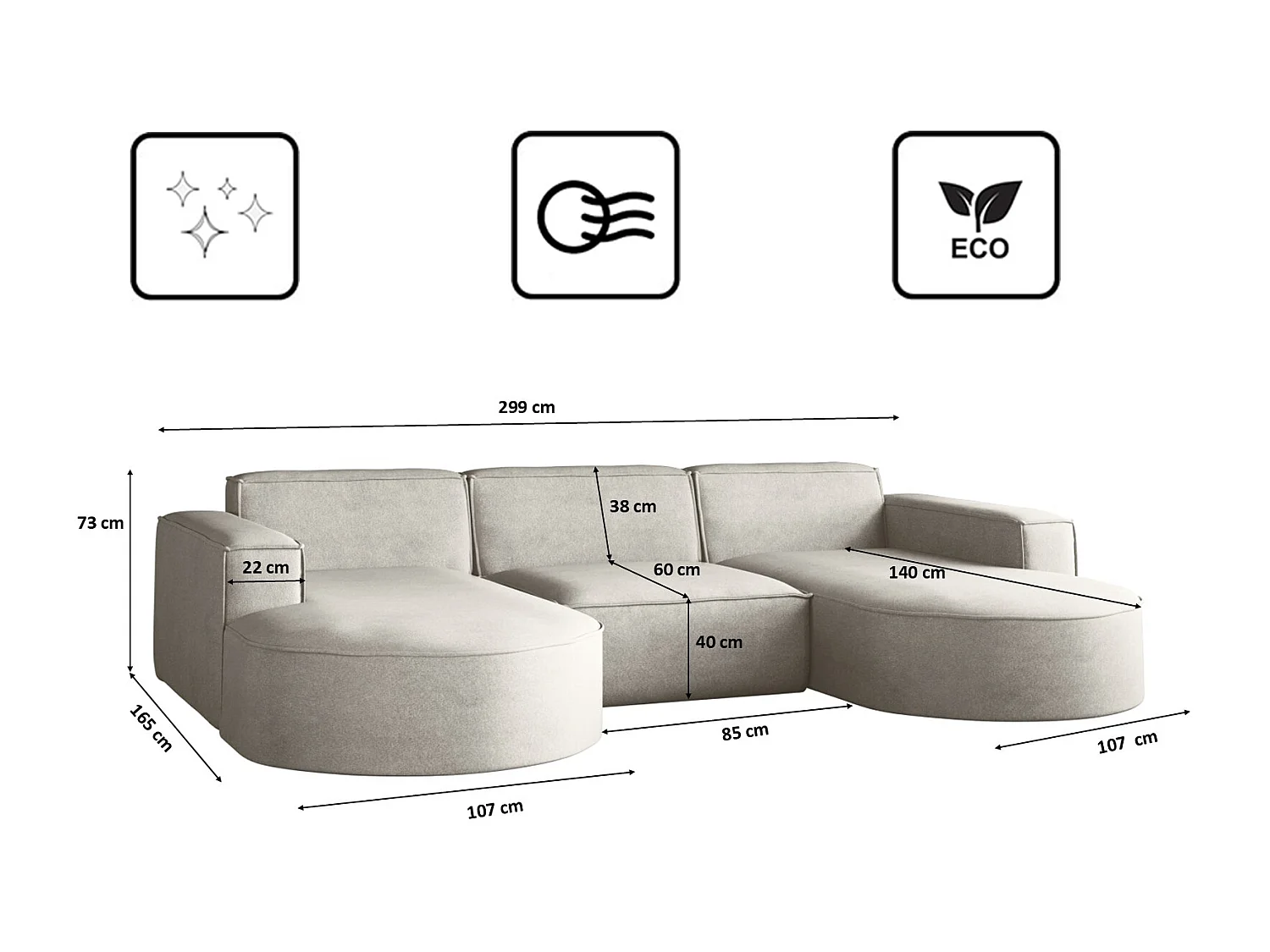 Canapé d'angle Modena en U, canapé élégant et moderne en tissu Salvador gris clair
