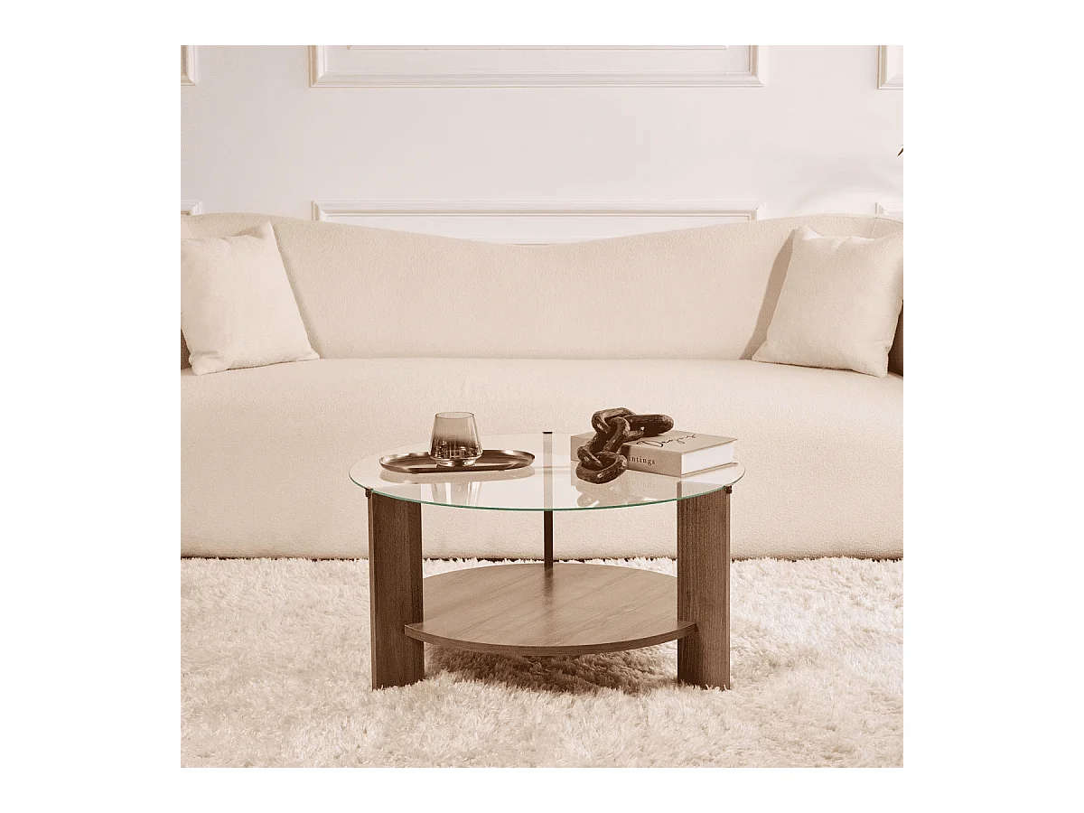 Table basse 2 plateaux dont 1 en verre trempé D75 cm - CLARA