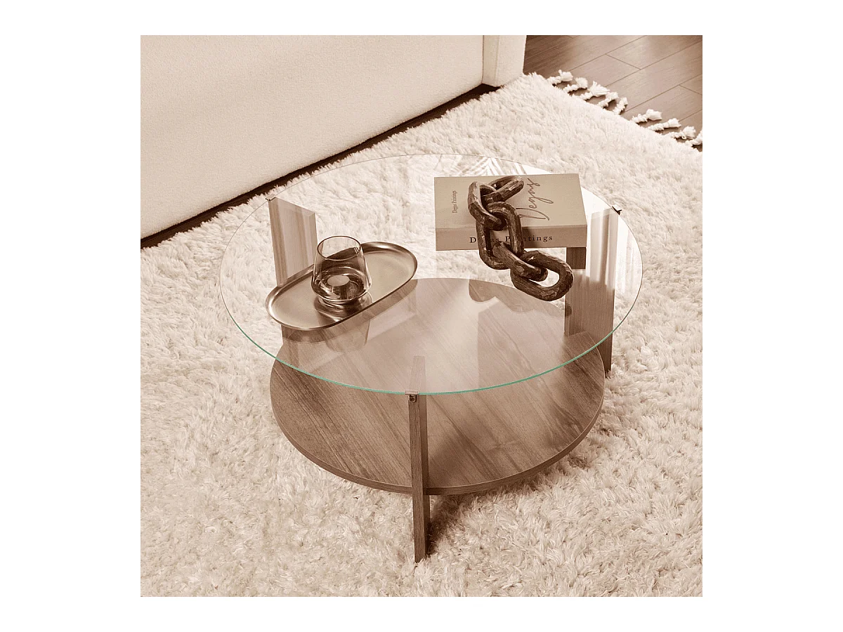 Table basse 2 plateaux dont 1 en verre trempé D75 cm - CLARA