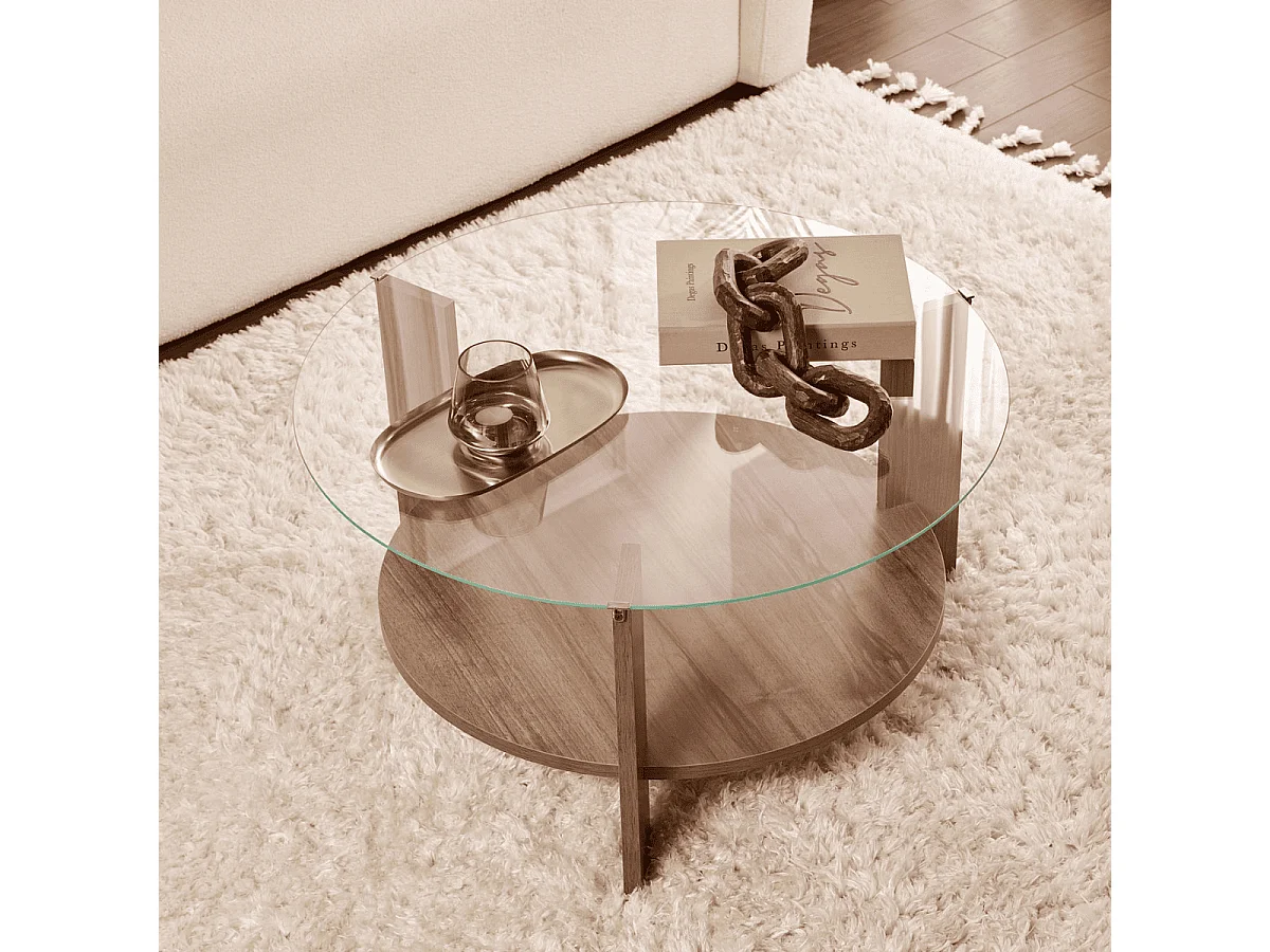 Table basse 2 plateaux dont 1 en verre trempé D75 cm - CLARA