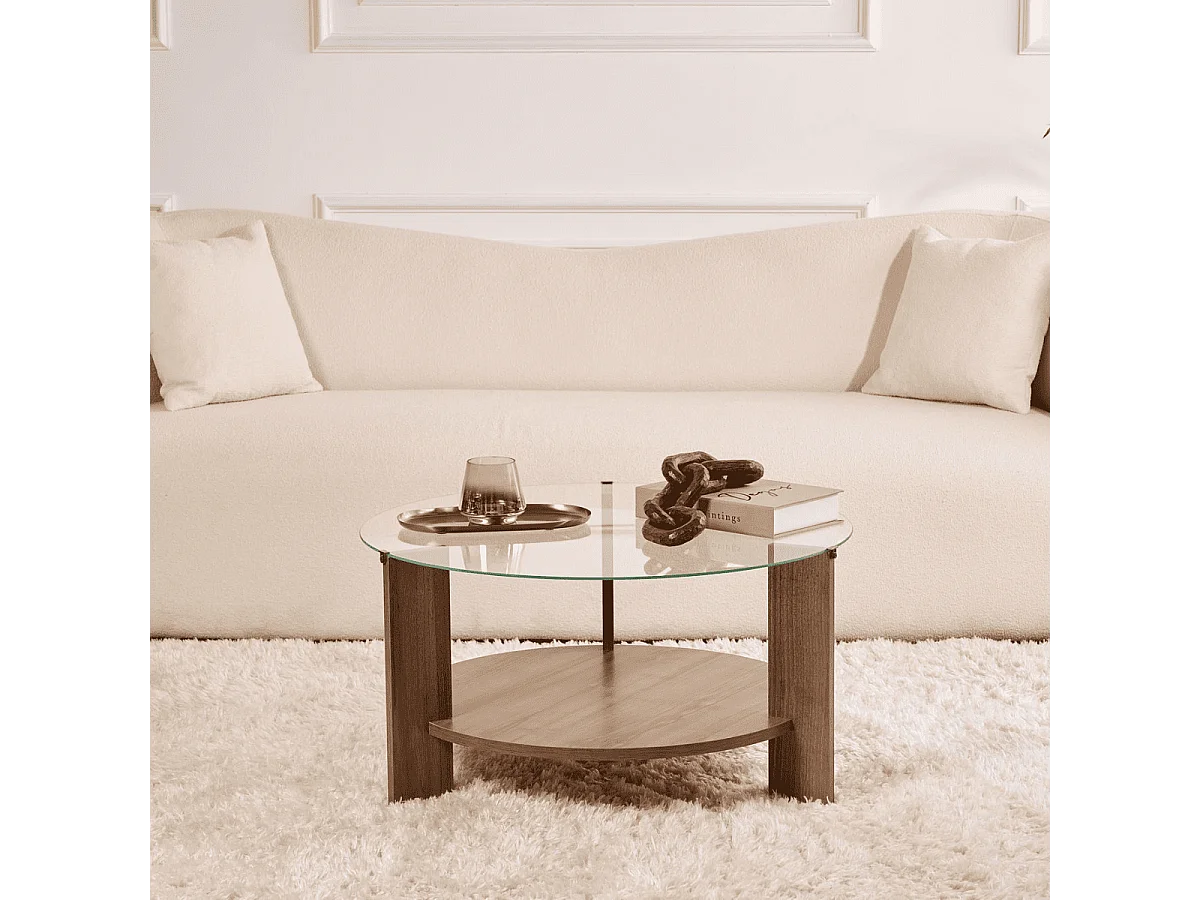 Couchtisch mit 2 Platten, davon eine aus gehärtetem Glas Ø75 cm - CLARA