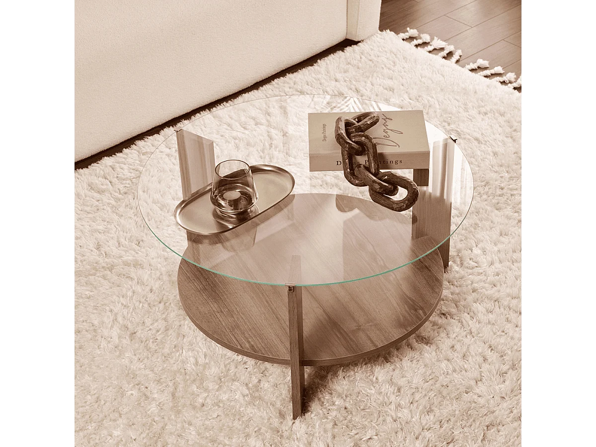 Couchtisch mit 2 Platten, davon eine aus gehärtetem Glas Ø75 cm - CLARA