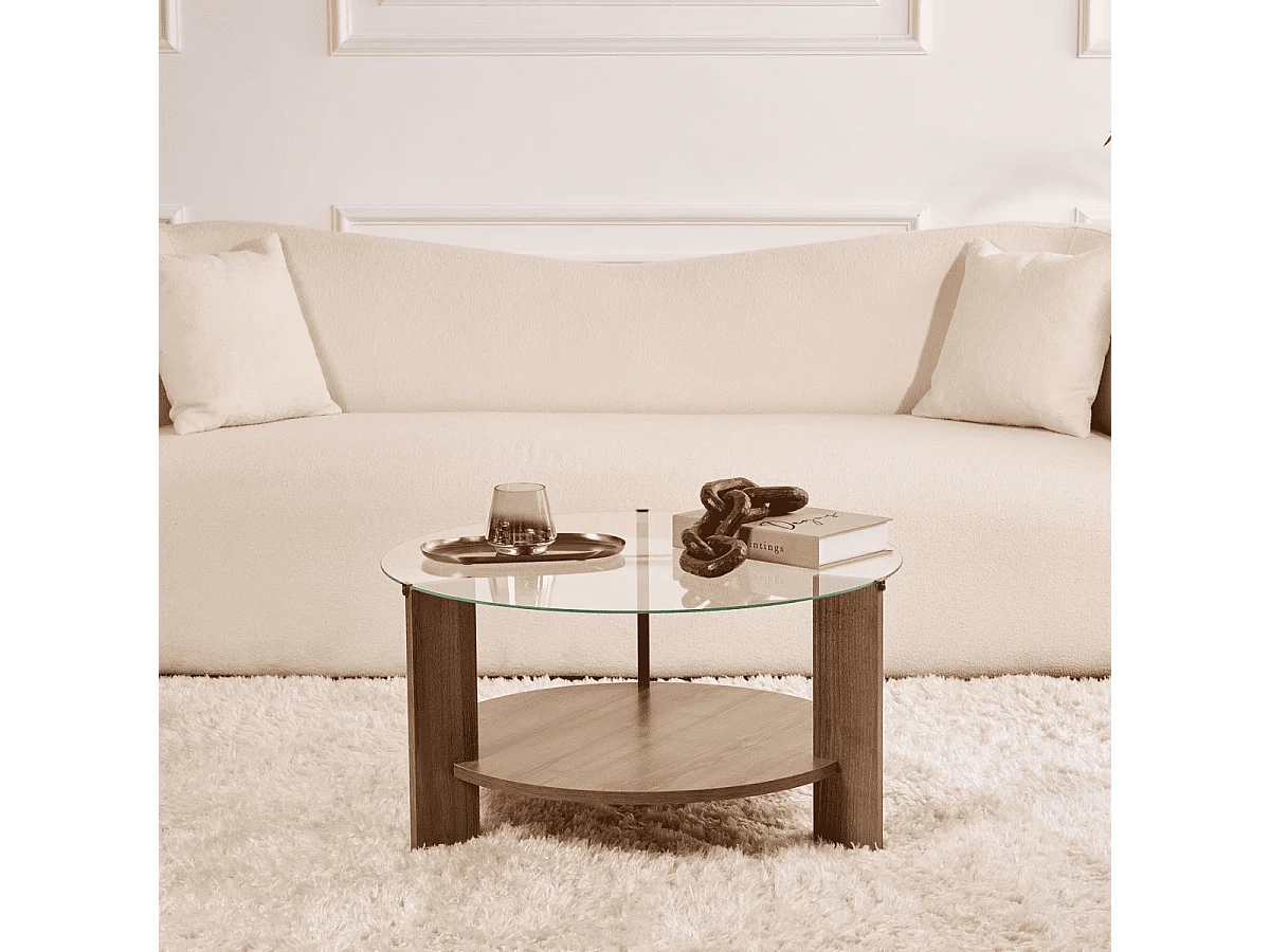 Table basse 2 plateaux dont 1 en verre trempé D75 cm - CLARA