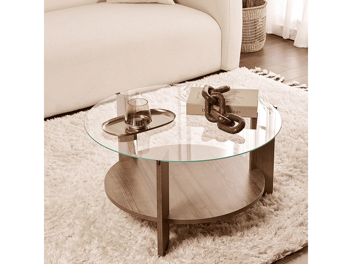 Table basse 2 plateaux dont 1 en verre trempé D75 cm - CLARA