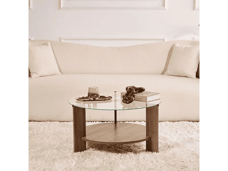 Couchtisch mit 2 Platten, davon eine aus gehärtetem Glas Ø75 cm - CLARA