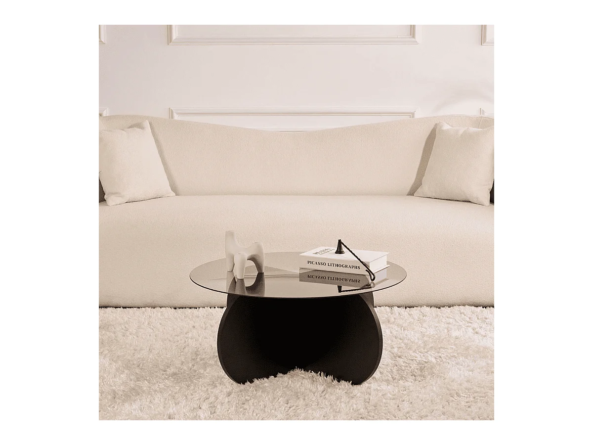 Table basse avec pieds croisés et plateau en verre trempé D75 cm - AERIS