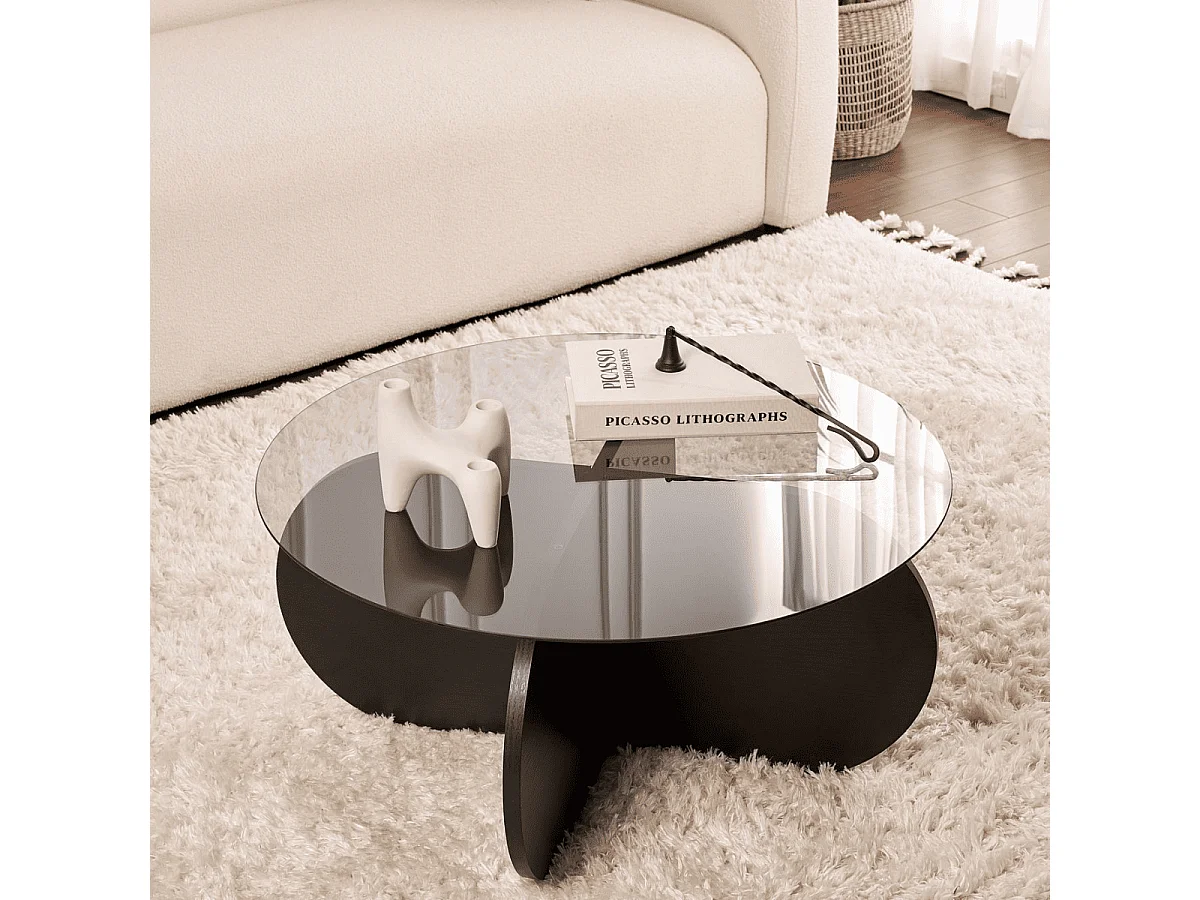 Table basse avec pieds croisés et plateau en verre trempé D75 cm - AERIS