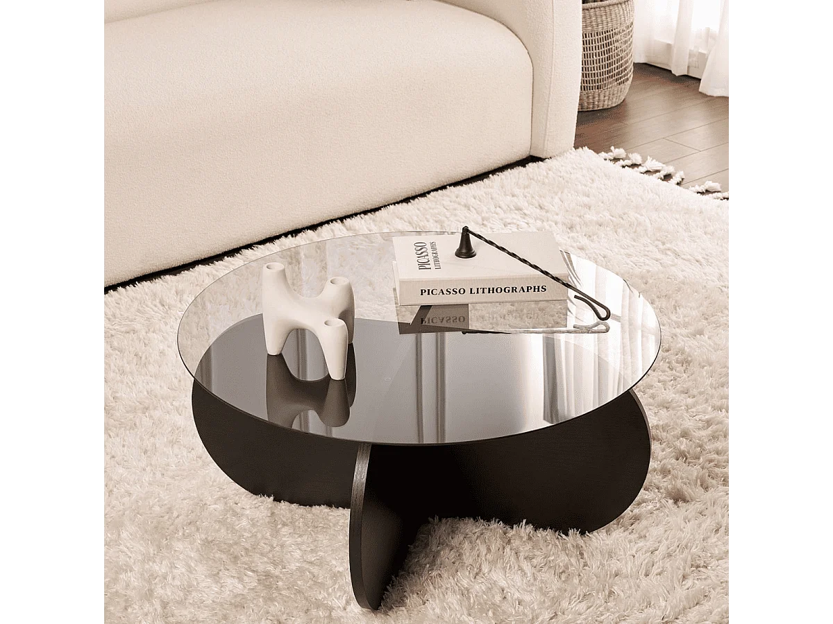 Table basse avec pieds croisés et plateau en verre trempé D75 cm - AERIS