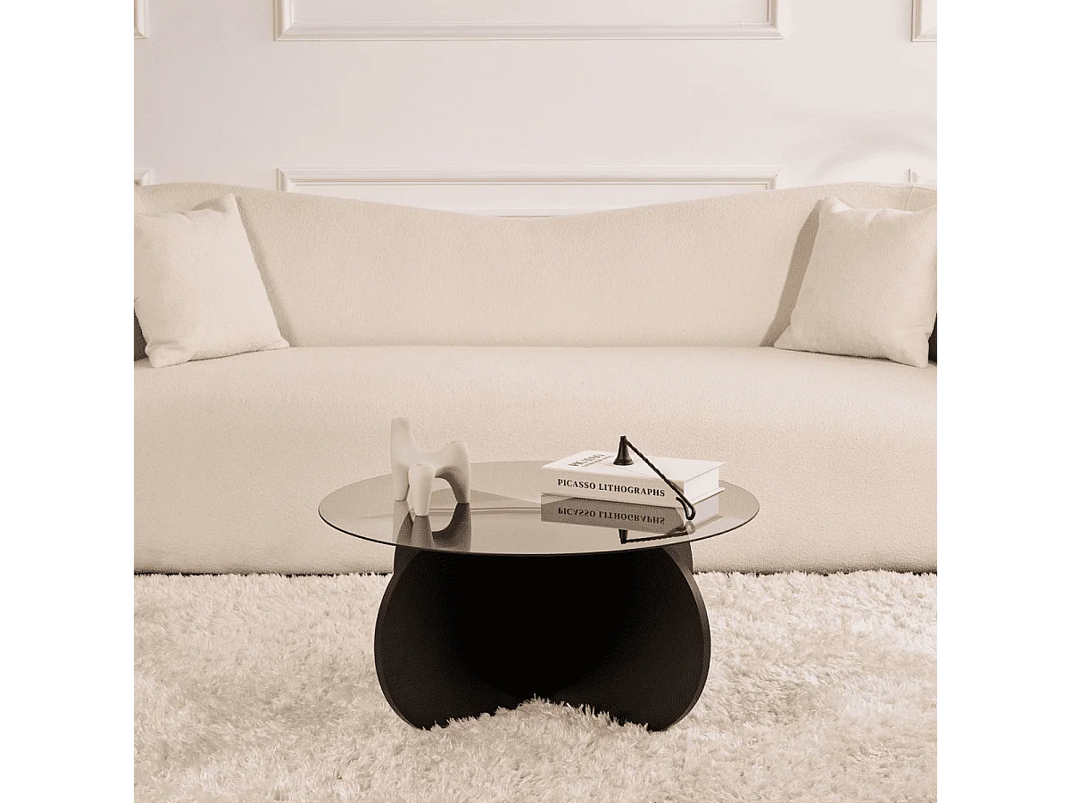 Table basse avec pieds croisés et plateau en verre trempé D75 cm - AERIS