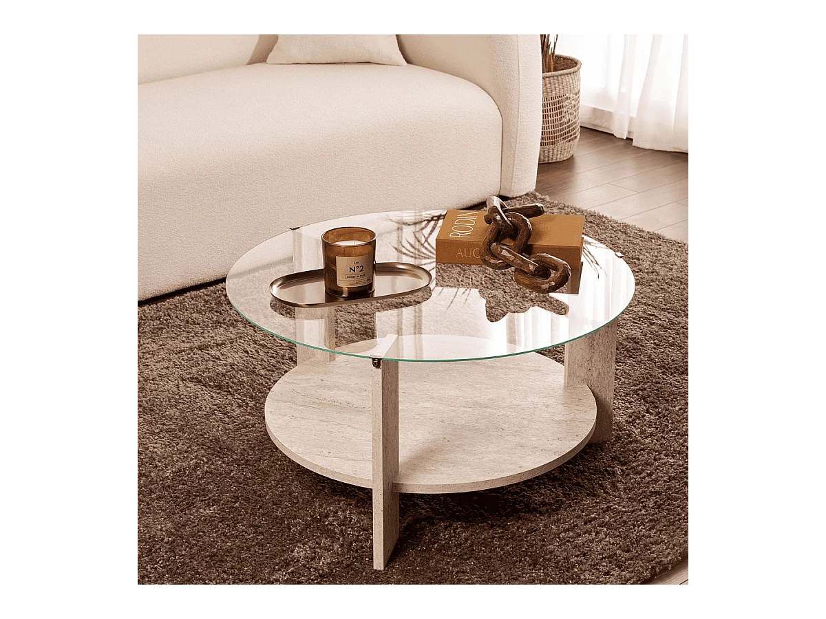 Table basse 2 plateaux dont 1 en verre trempé D75 cm - CLARA