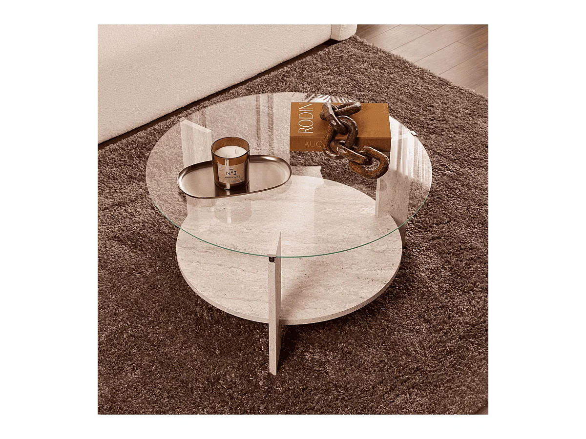 Table basse 2 plateaux dont 1 en verre trempé D75 cm - CLARA