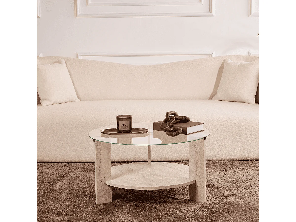 Table basse 2 plateaux dont 1 en verre trempé D75 cm - CLARA