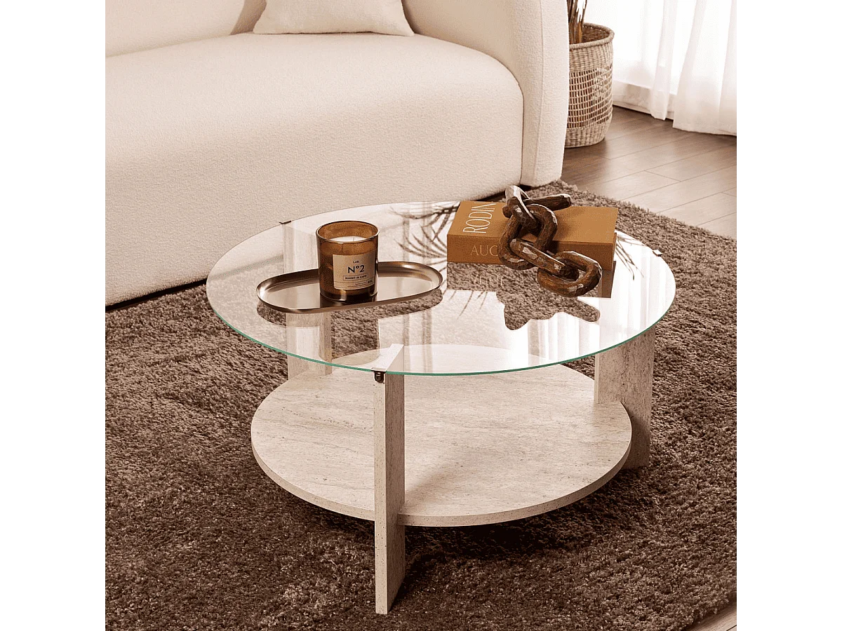 Salontafel met 2 bladen, waarvan één van gehard glas Ø75 cm - CLARA