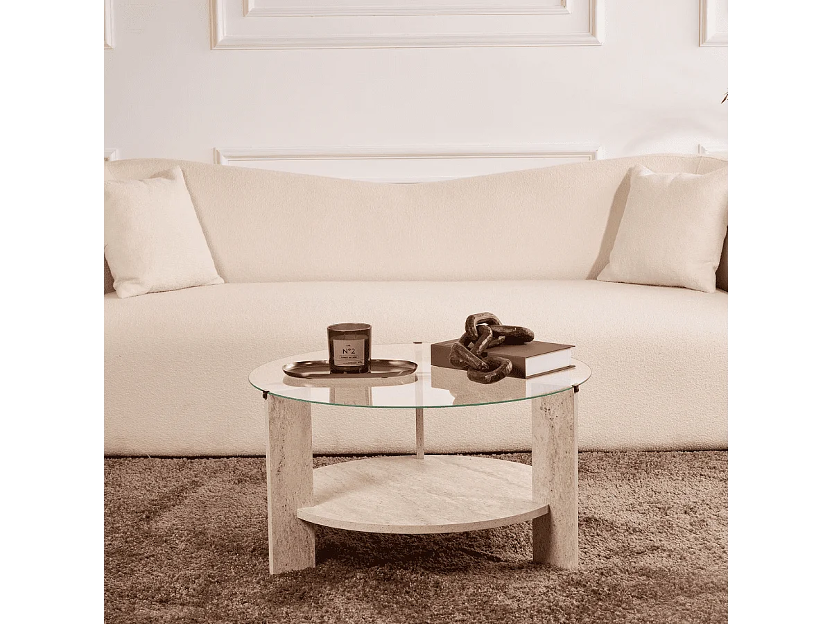 Salontafel met 2 bladen, waarvan één van gehard glas Ø75 cm - CLARA