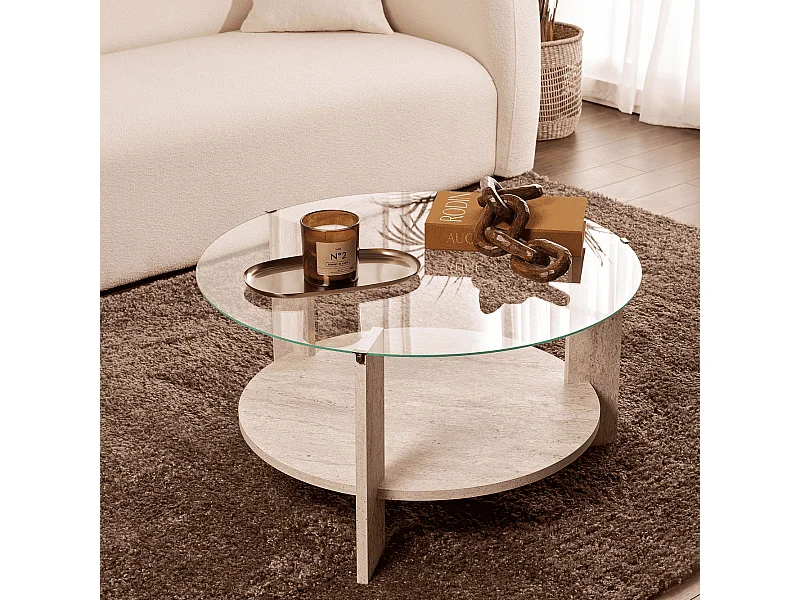 Couchtisch mit 2 Platten, davon eine aus gehärtetem Glas Ø75 cm - CLARA