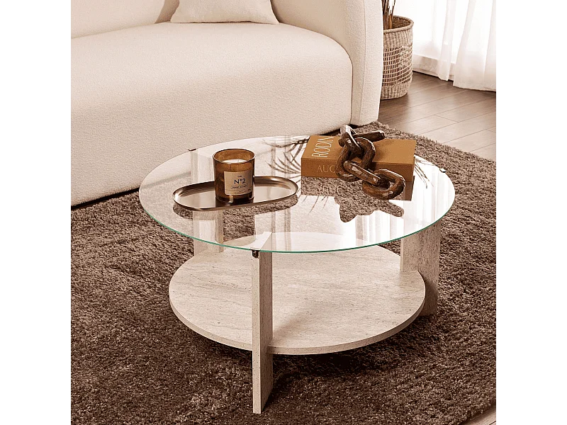 Couchtisch mit 2 Platten, davon eine aus gehärtetem Glas Ø75 cm - CLARA