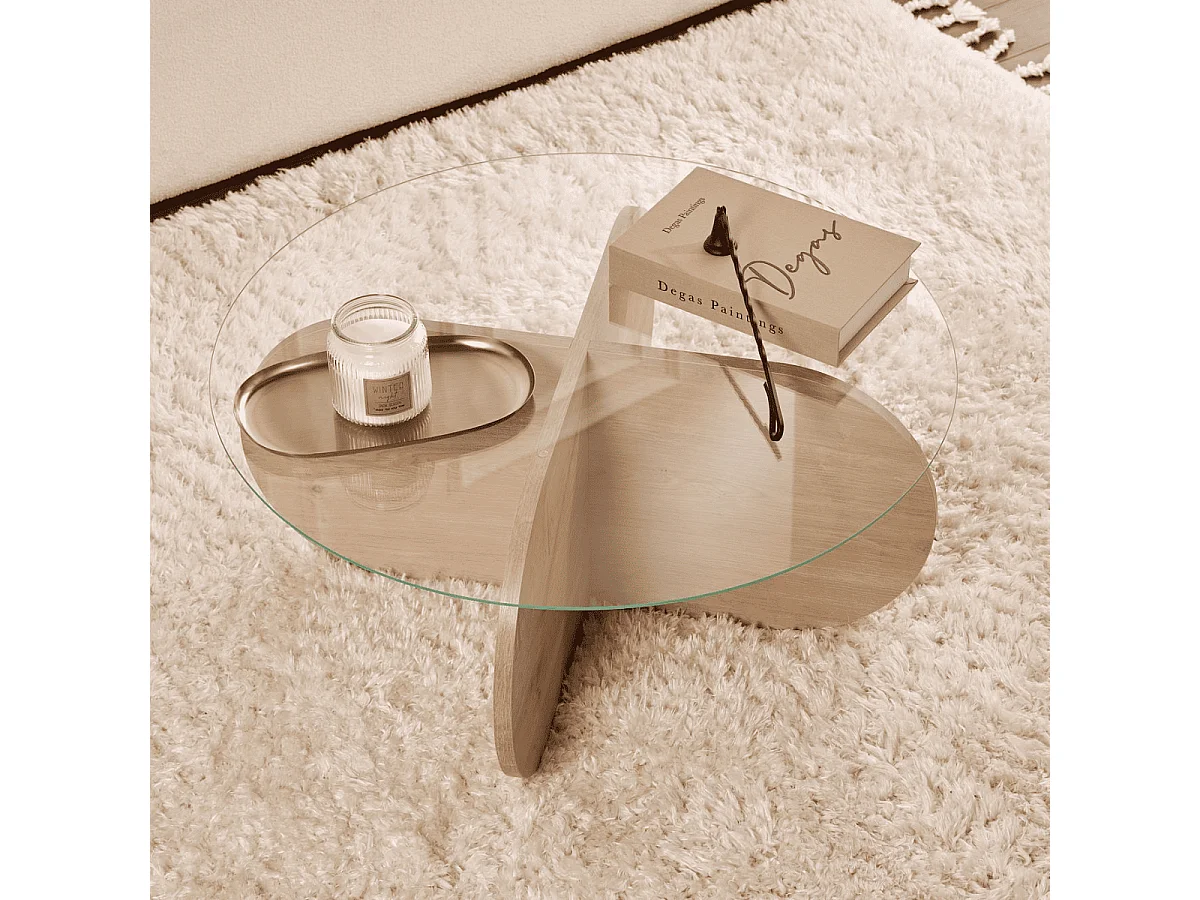 Table basse avec pieds croisés et plateau en verre trempé D75 cm - AERIS