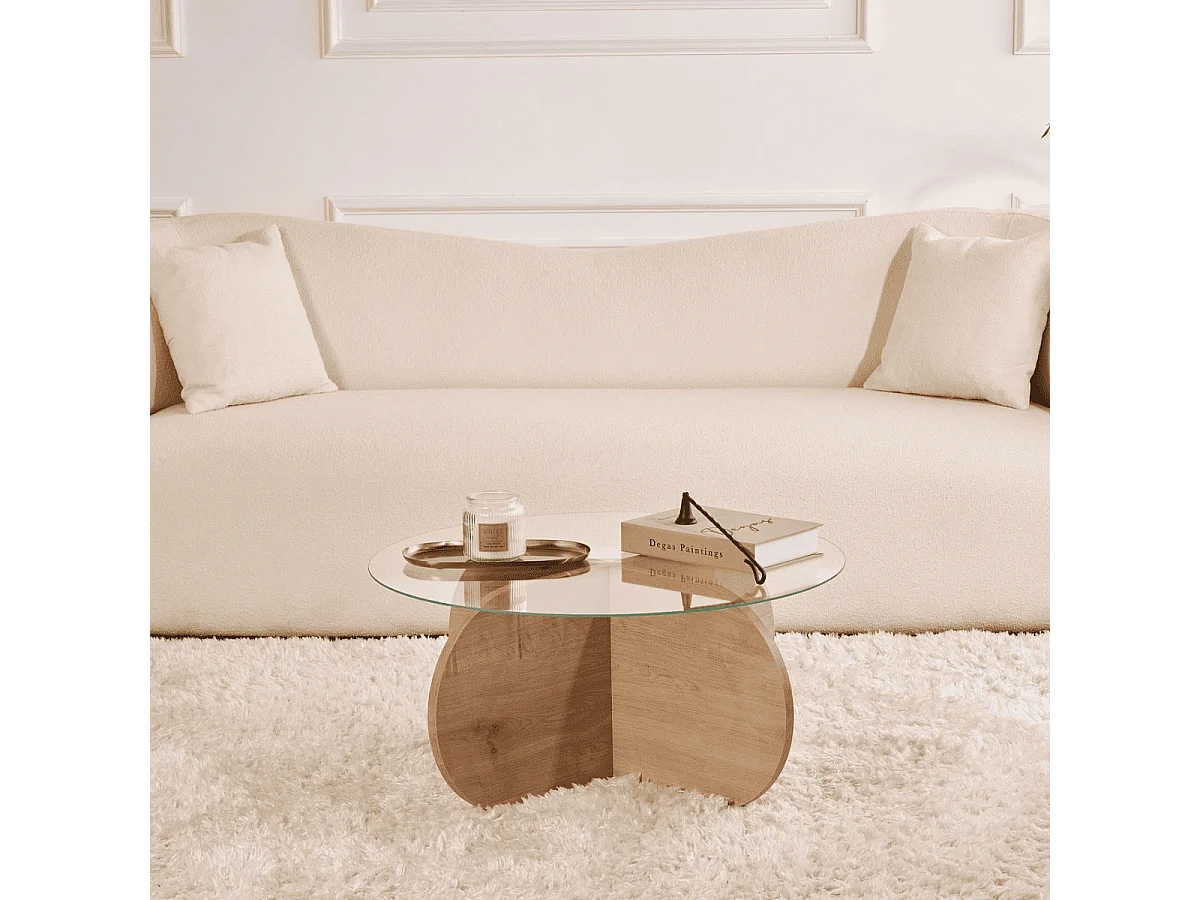 Table basse avec pieds croisés et plateau en verre trempé D75 cm - AERIS