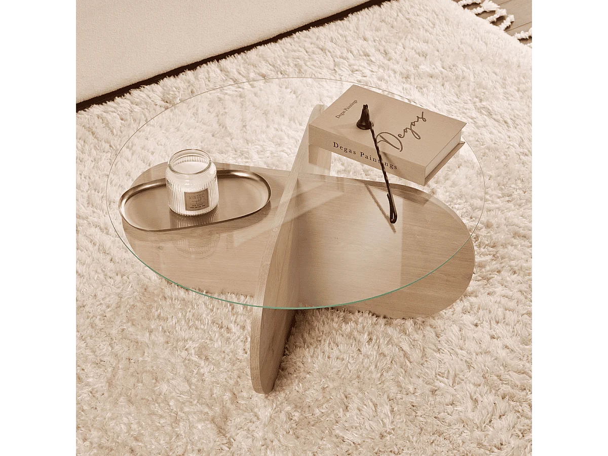 Table basse avec pieds croisés et plateau en verre trempé D75 cm - AERIS