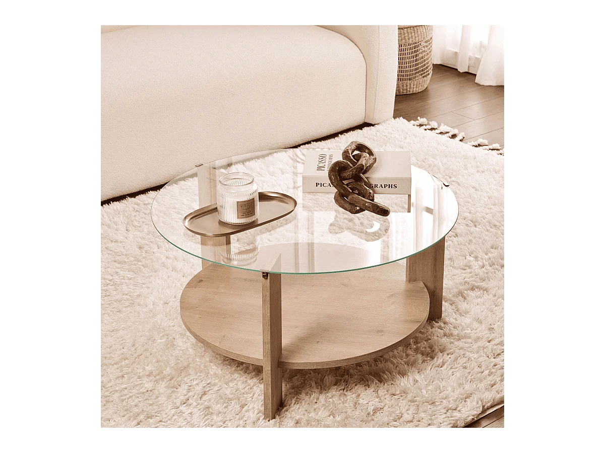 Couchtisch mit 2 Platten, davon eine aus gehärtetem Glas Ø75 cm - CLARA