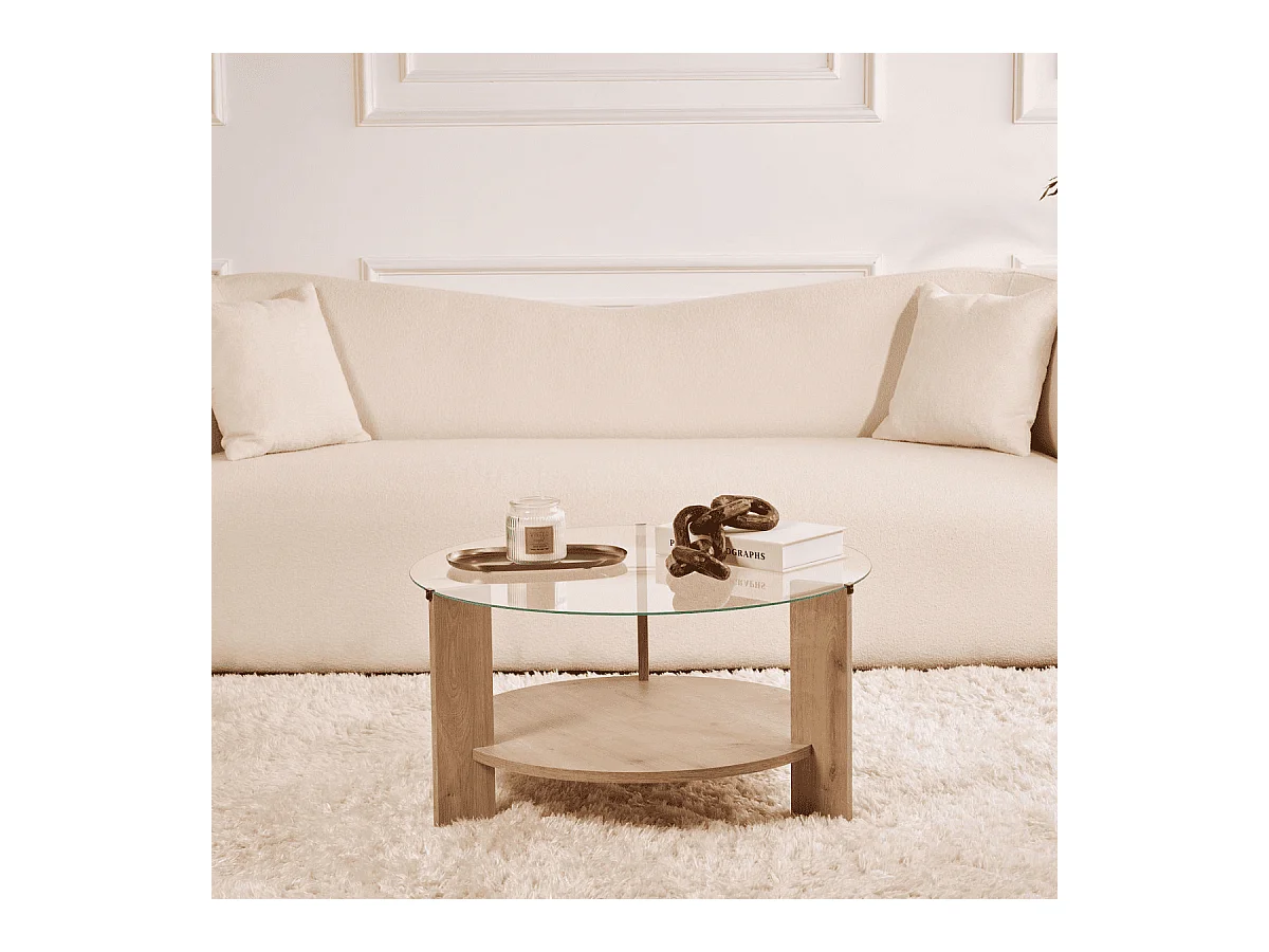 Couchtisch mit 2 Platten, davon eine aus gehärtetem Glas Ø75 cm - CLARA