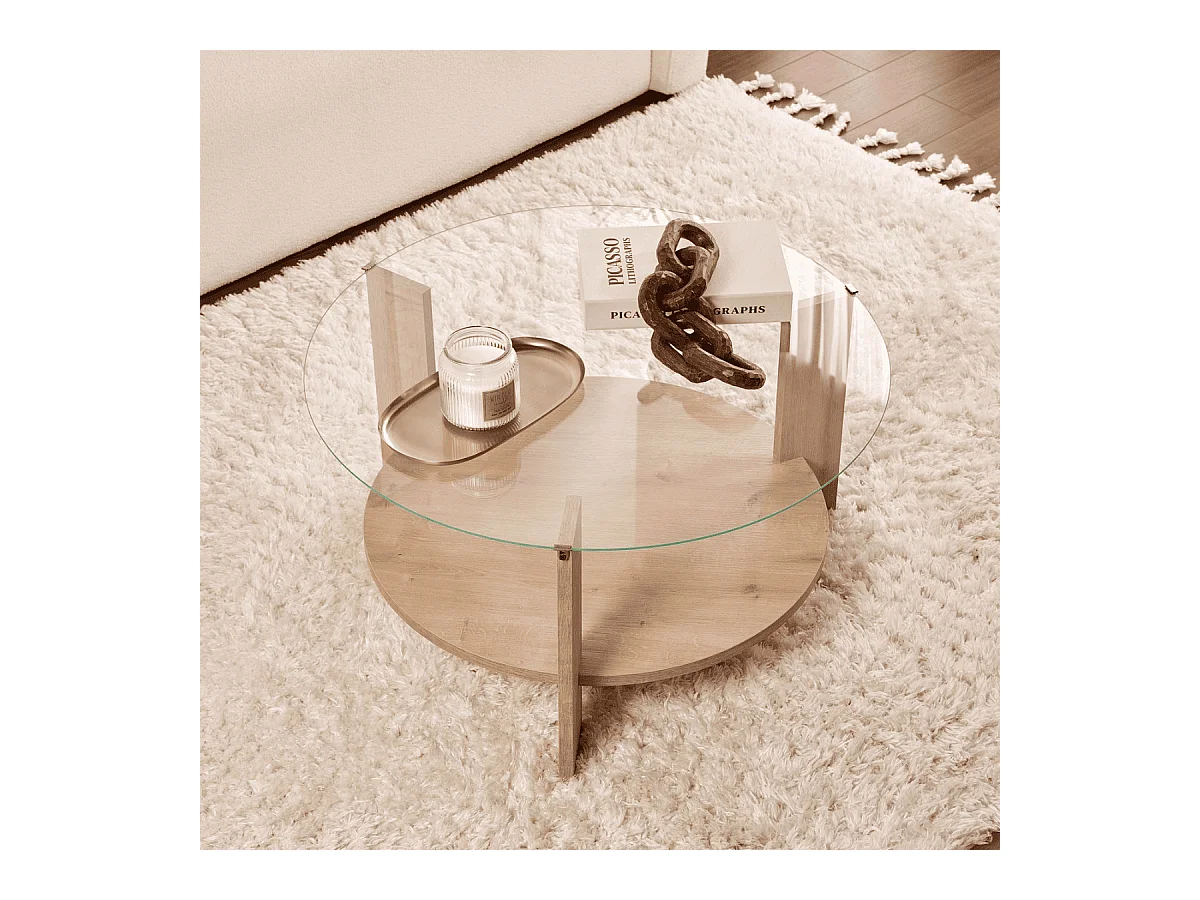 Couchtisch mit 2 Platten, davon eine aus gehärtetem Glas Ø75 cm - CLARA