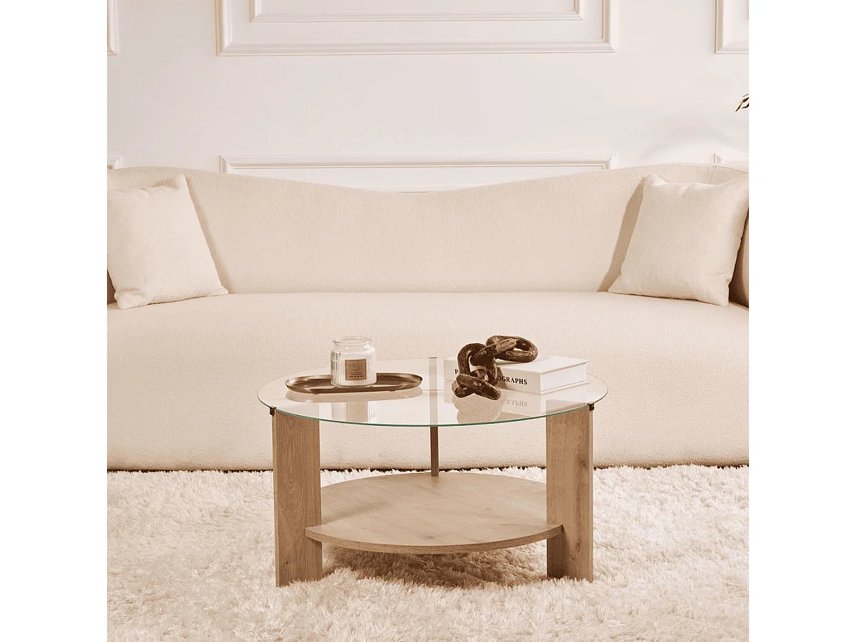 Table basse 2 plateaux dont 1 en verre trempé D75 cm - CLARA